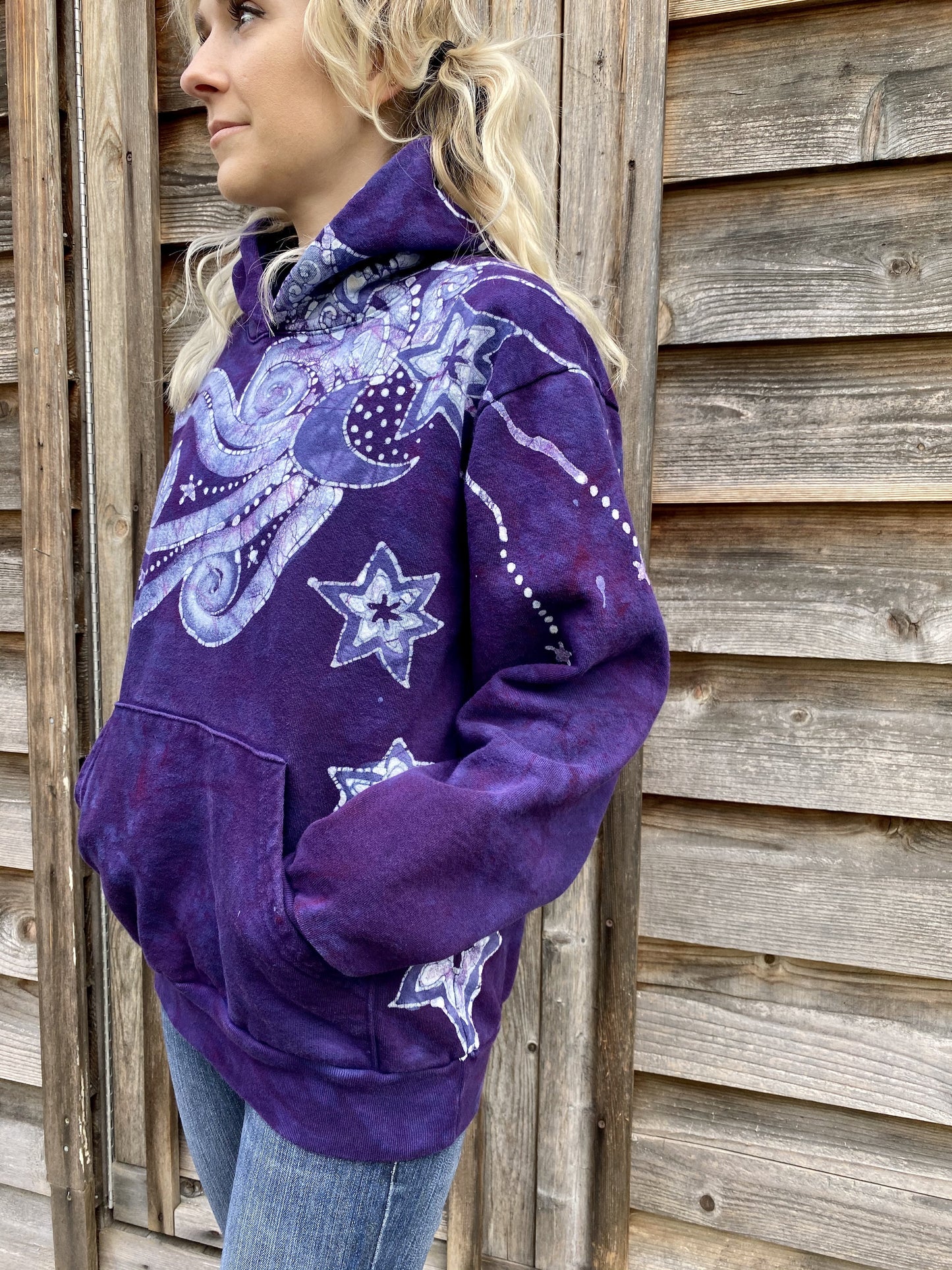 Starseed Moonbeams Purple Goddess Pullover Hoodie - Handcrafted Batik Creation hoodie batikwalla 
