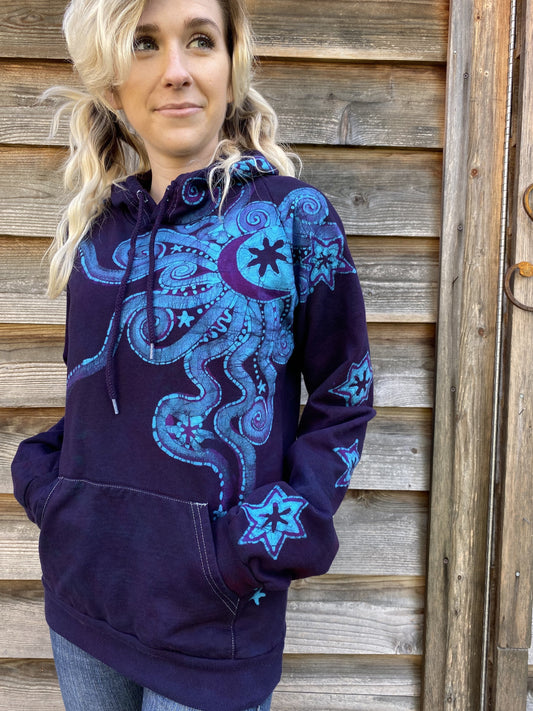 Deep Blue And Purple Moon Star Pullover Batik Hoodie - Handcrafted In Organic Cotton hoodie batikwalla 