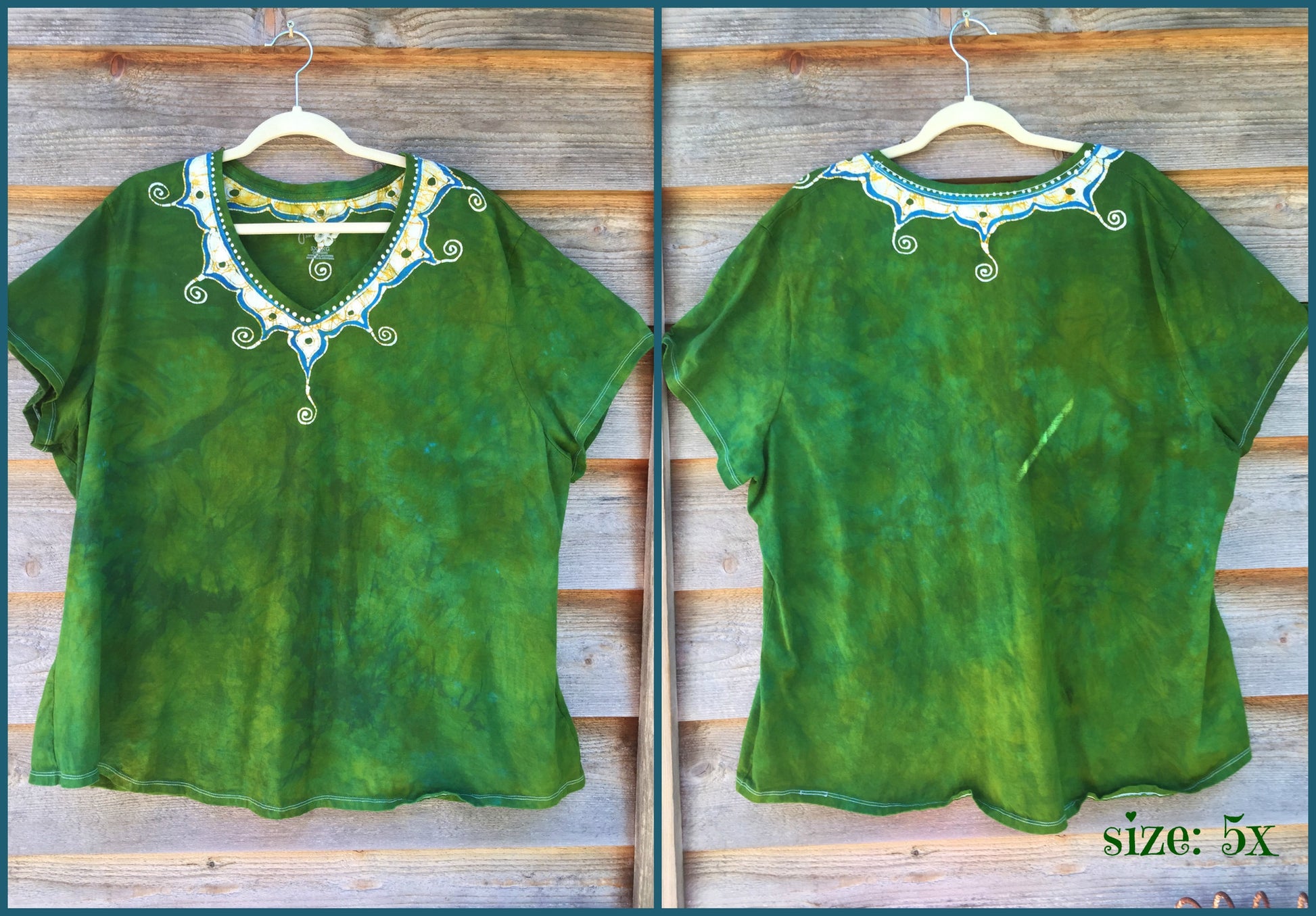 Dancing Green Meadow Batik Necklace Vneck - Size 5X - Batikwalla 
 - 7
