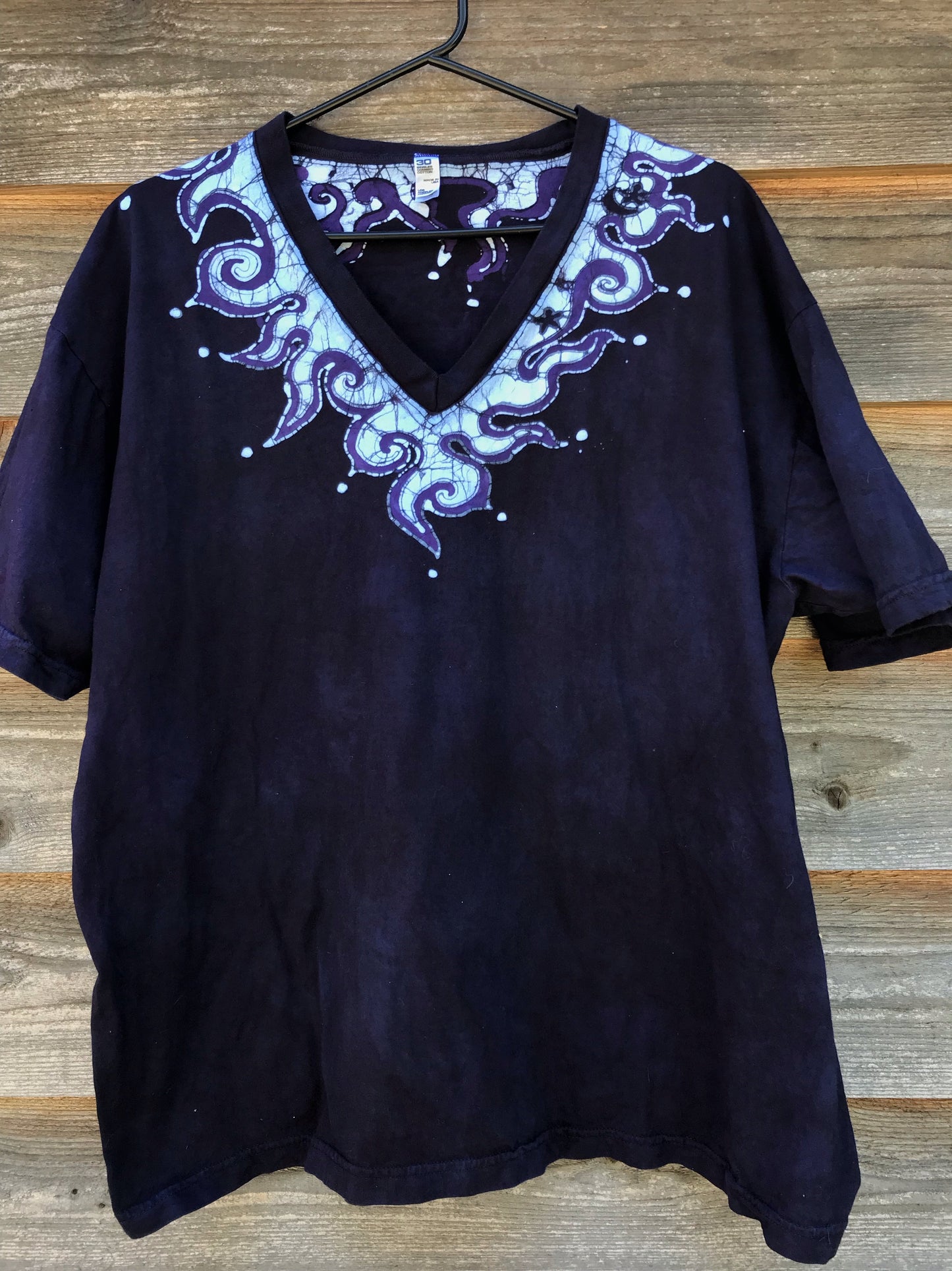 Batik Necklace Organic Cotton Vneck Tshirt in The Deepest Blue With Purple Highlights Tshirts batikwalla 2X 
