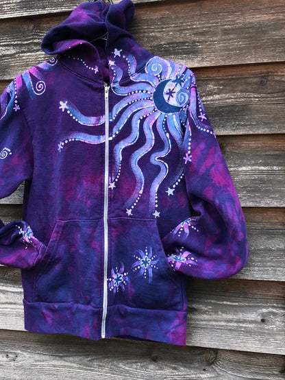 Purple Magenta Moon and Star Handcrafted Batik Zipper Hoodie - Size XS hoodie batikwalla 