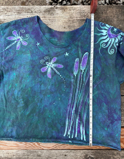 Dragonfly in Teal and Purple Cotton Cropped Crew Tee - Size Large Shirts & Tops Batikwalla by Victoria Large 