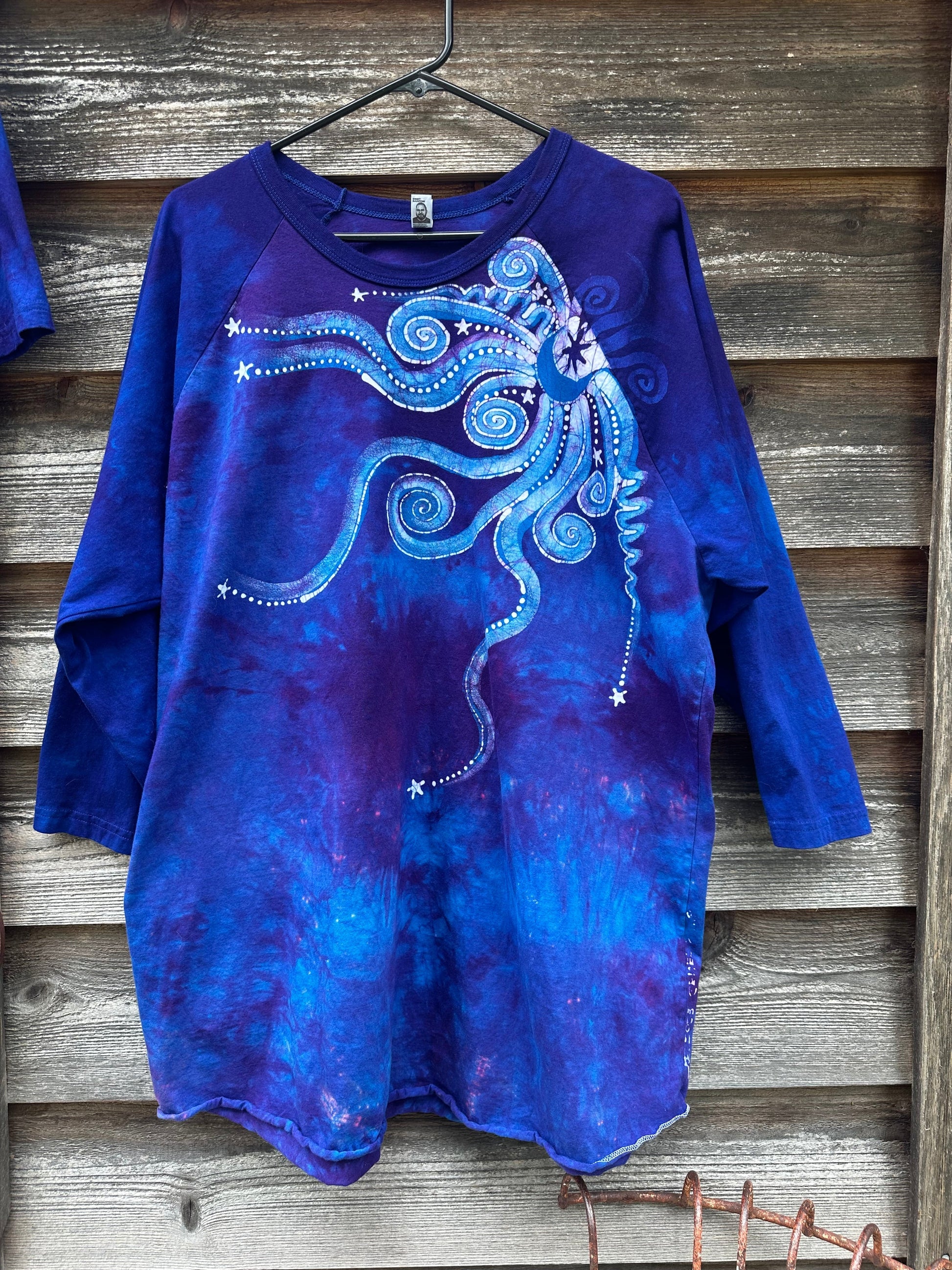 Purple and Blue Moonbeams Raglan Quarter Sleeves Batik Tee Shirts & Tops Batikwalla 2X 