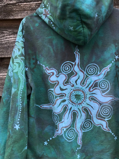 Mushroom and Moss Green Moon Handcrafted Batik Zipper Hoodie - Size Medium hoodie batikwalla 