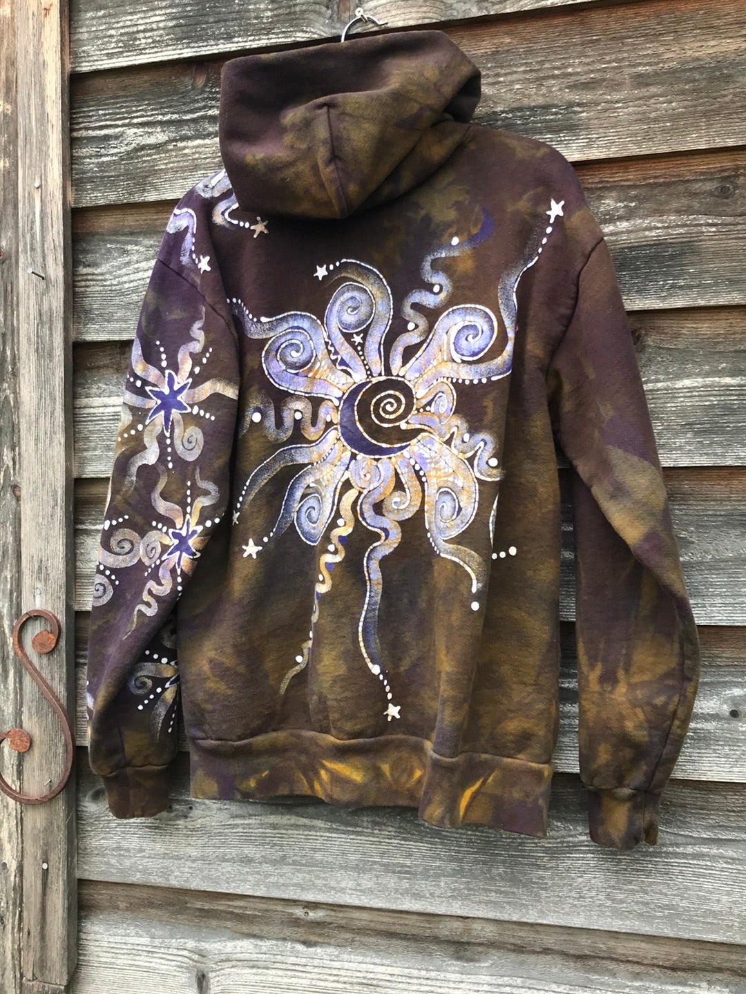 Dark Gold and Purple Moon and Star Handcrafted Batik Zipper Hoodie - Size Medium hoodie batikwalla 
