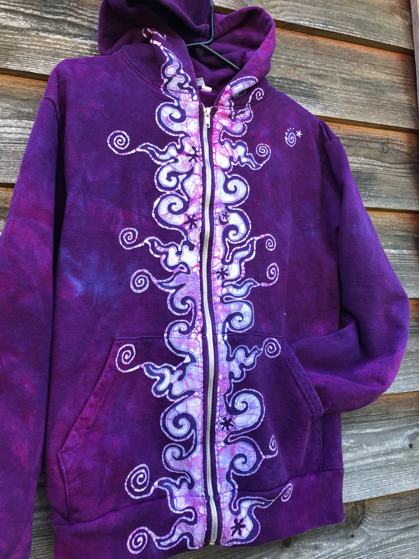 Purple Magenta Very Fancy Tuxedo Swirls Handcrafted Batik Zipper Hoodie - Size Small hoodie batikwalla 