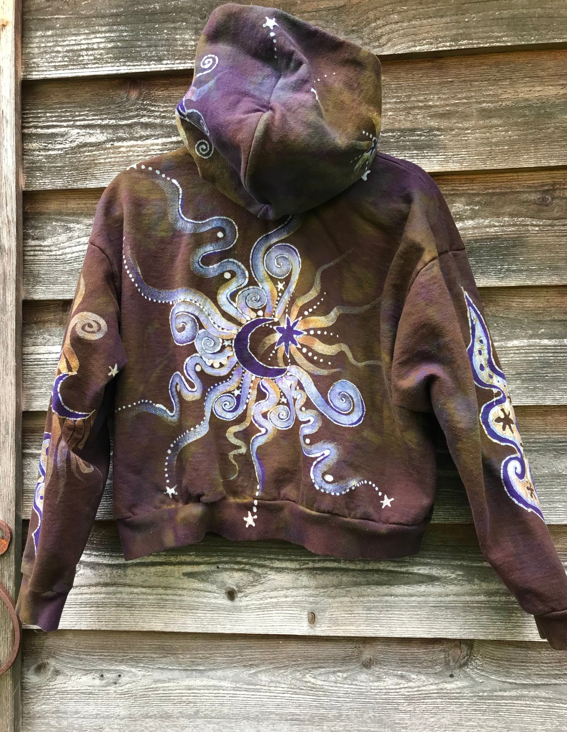 Dark Gold and Purple Moon and Stars Handmade Batik Hoodie - Size M/L hoodie batikwalla M/L 