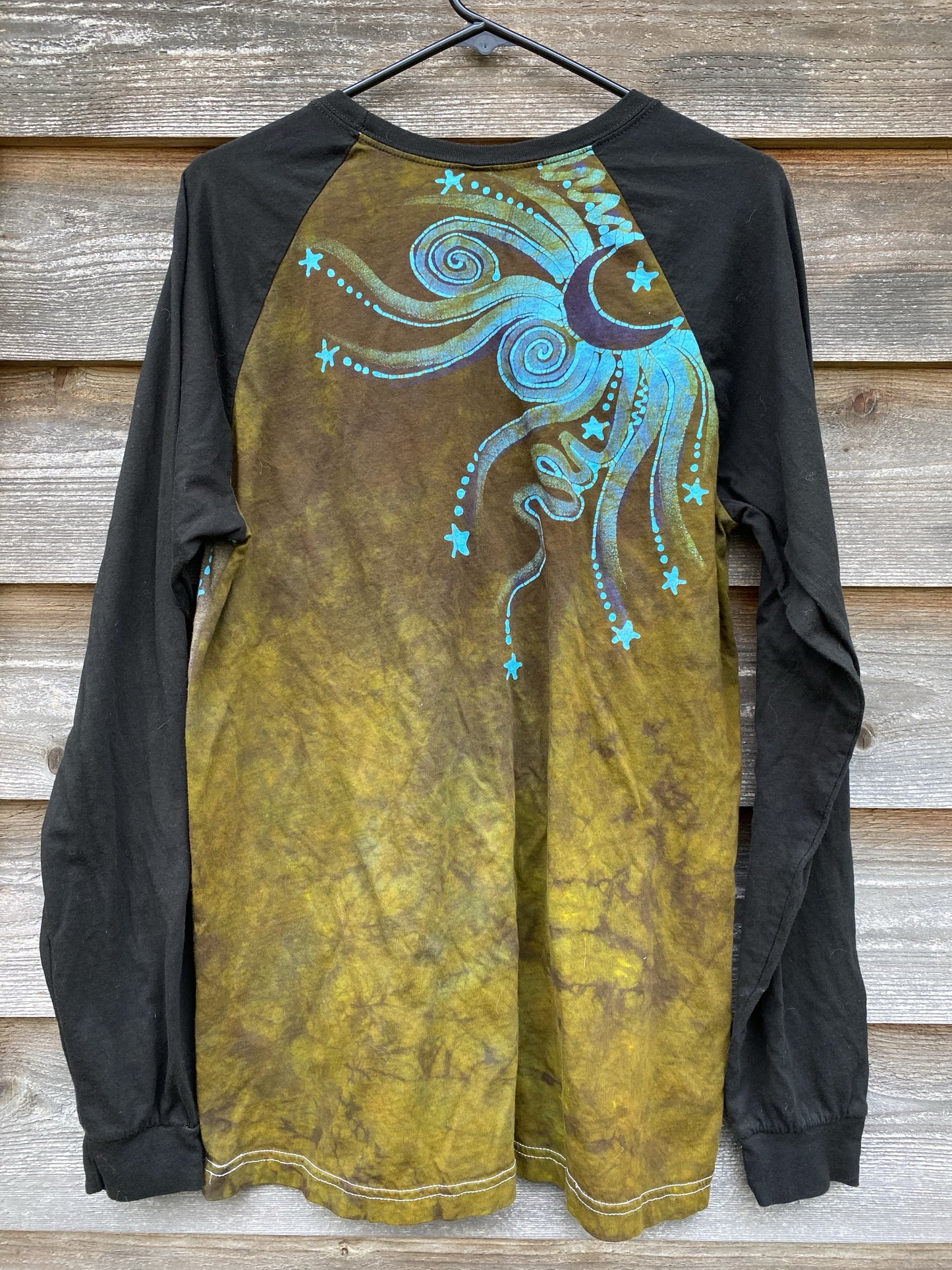 Anomalie - Turquoise Aura Tree Black Raglan Long Sleeve Batik Top by Batikwalla - Size Large Batikwalla 