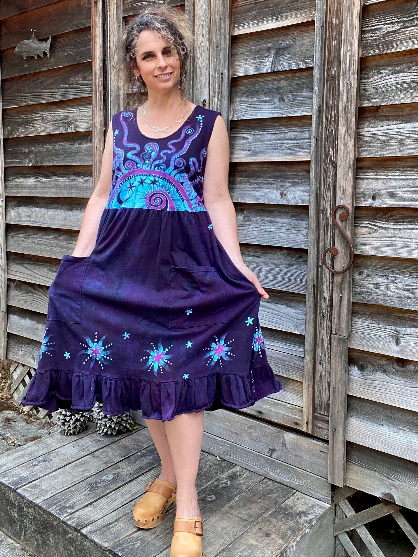 Mystic Moonlight with Turquoise Sunrise - Farmer's Market Pocket Dress - Size XL Batik Dresses Batikwalla XL 