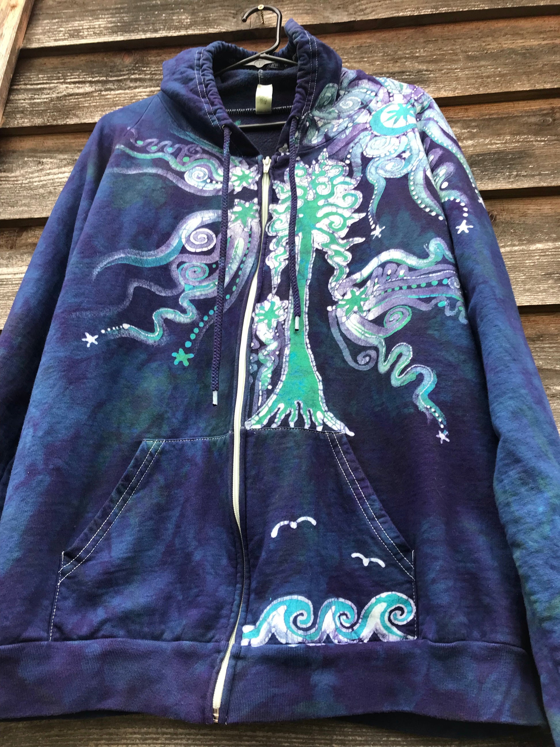 Mystical Mist By The Sea Shore Handmade Batik Zip Hoodie - Size XL hoodie batikwalla 