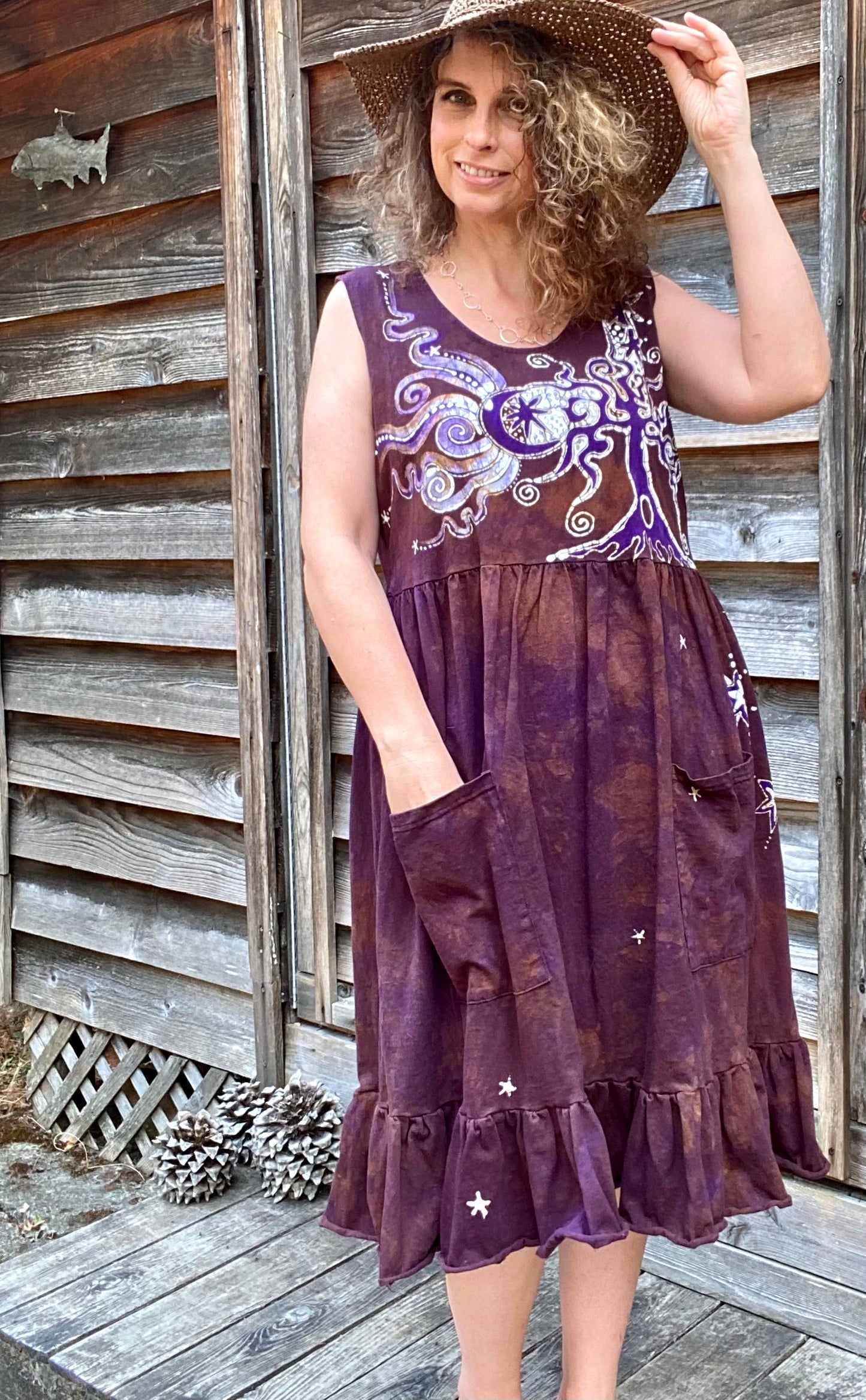 Golden Sun Purple Forest Farmer's Market Pocket Dress - Size Large Batik Dresses Batikwalla 