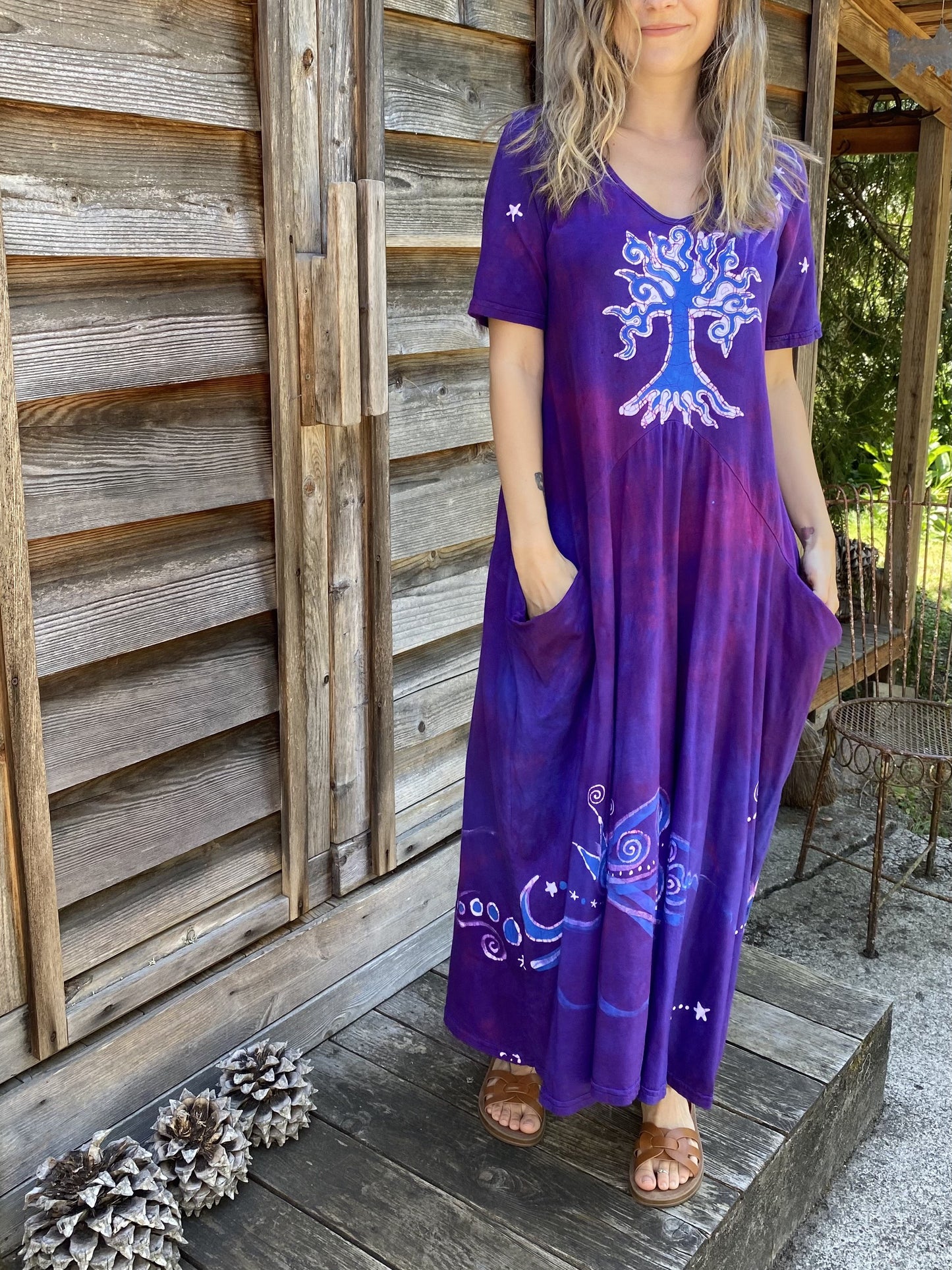 Bright Aura Tree - Short Sleeve Batik Dress in Magenta Batik Dresses Batikwalla 