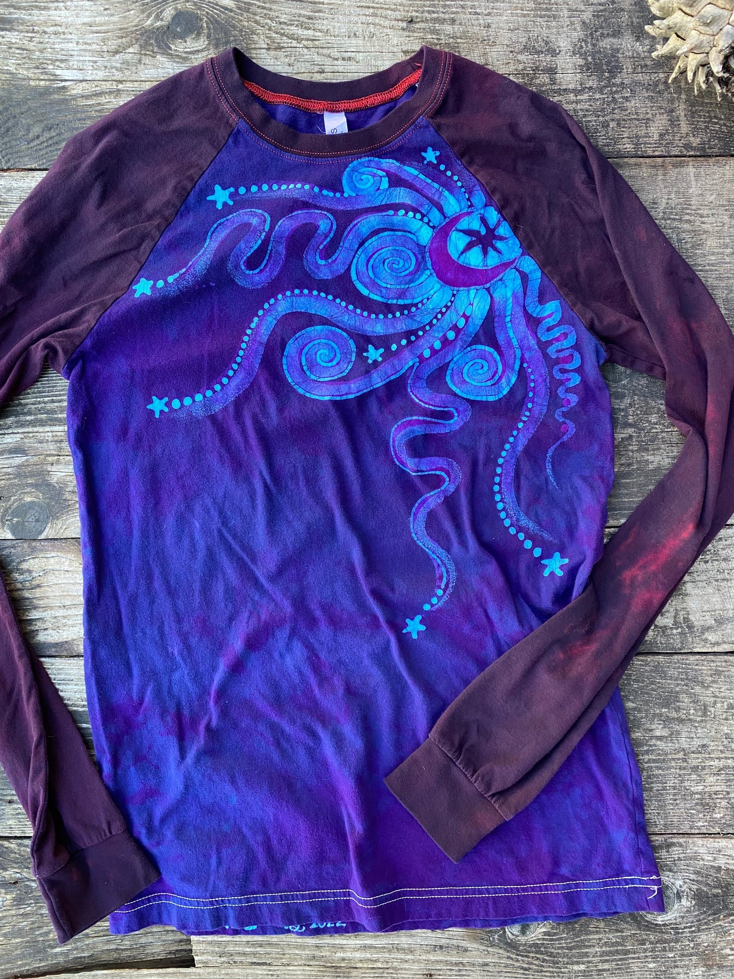 Midnight Blue and Purple Moon Swirls Black Raglan 3/4 Sleeve Batik Top Tops Batikwalla Small 