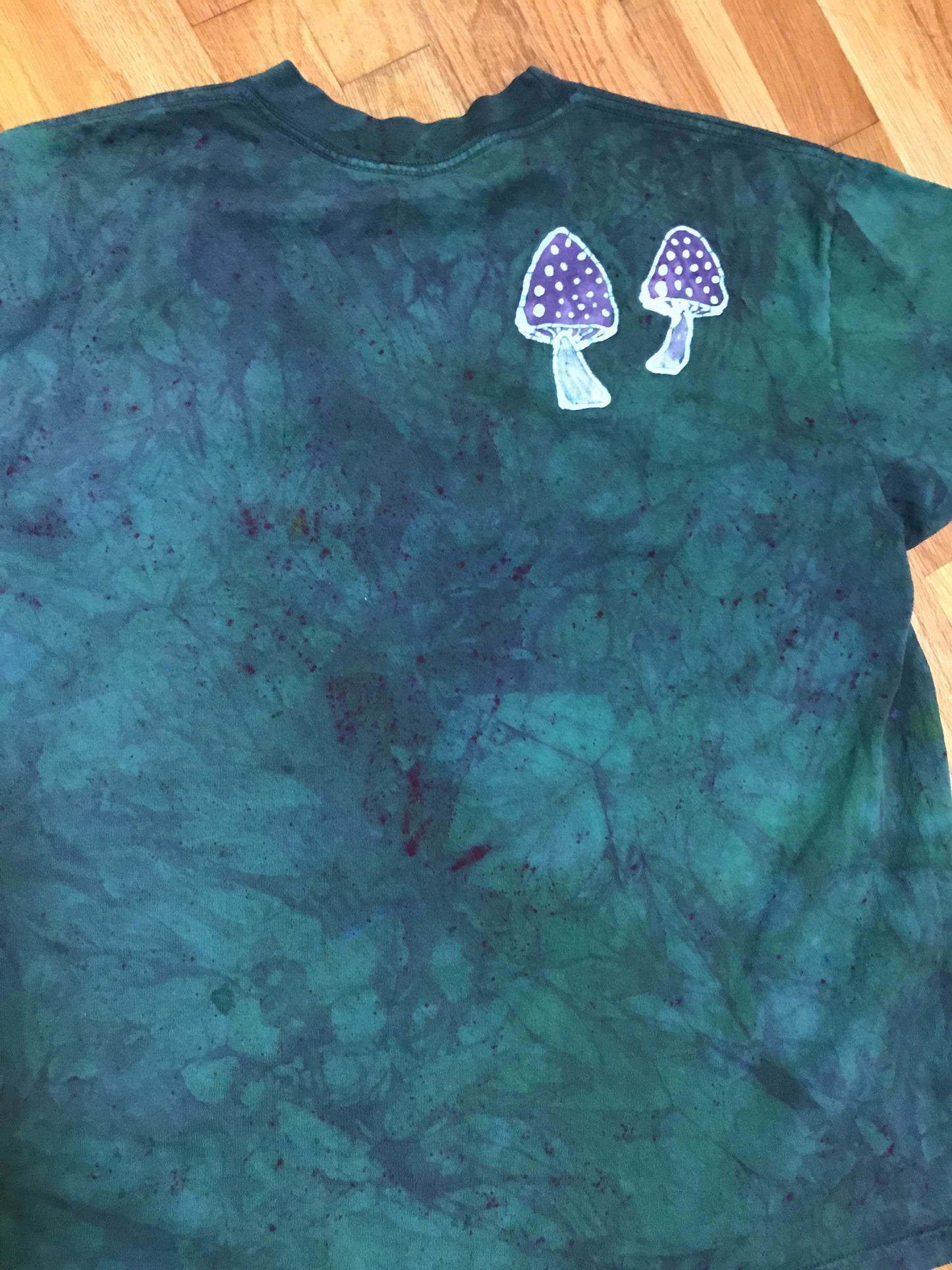 Meadow Mushrooms In Teal and Purple Handmade Batik Tshirt - Size Large tshirt batikwalla 