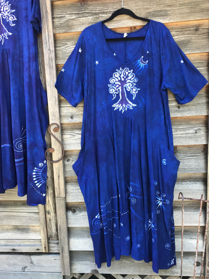 Blue Moon Galaxy - Hand Painted Short Sleeve Batik Dress - Size 3X Batik Dresses Batikwalla 3X 