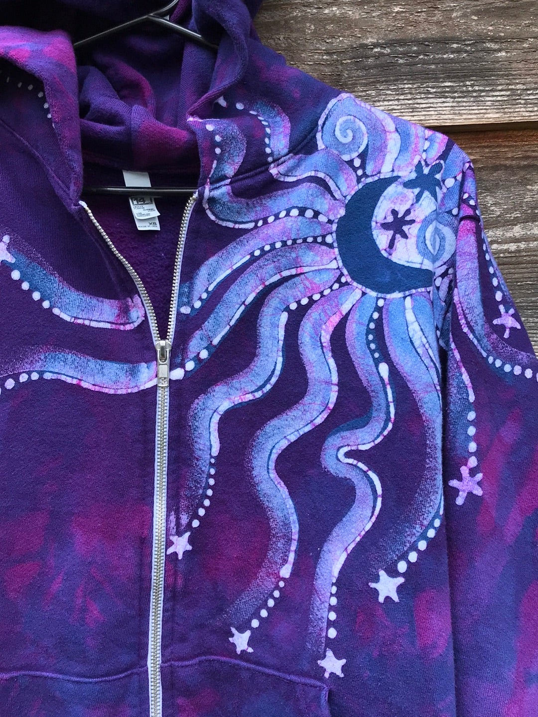 Purple Magenta Moon and Star Handcrafted Batik Zipper Hoodie - Size XS hoodie batikwalla 