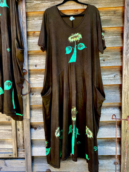 Downtown Brown Sunflower Batik Dress With Pockets Batik Dresses Batikwalla 3X 