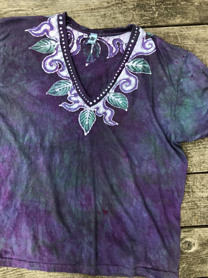 Secret Gardener - Soft Green & Purples Hand Painted Batik Tee Batikwalla by Victoria 