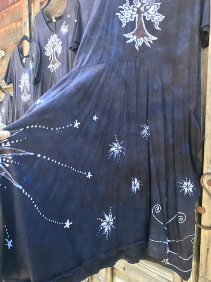 Rustic Denim Tree - Hand Painted Short Sleeve Batik Dress - With Pockets Batik Dresses Batikwalla 2X 