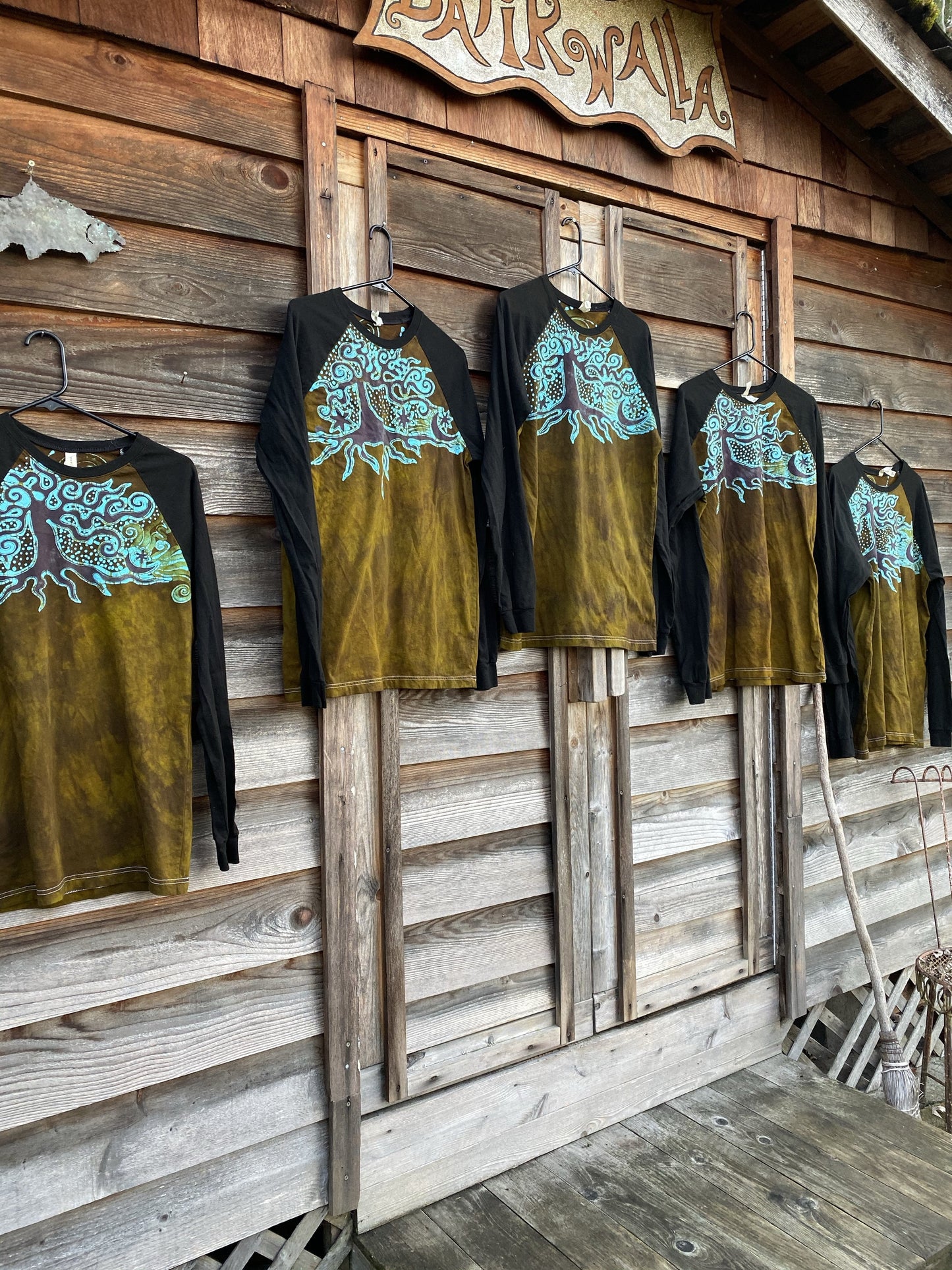 Turquoise Aura Tree Black Raglan Long Sleeve Batik Top by Batikwalla Batikwalla 