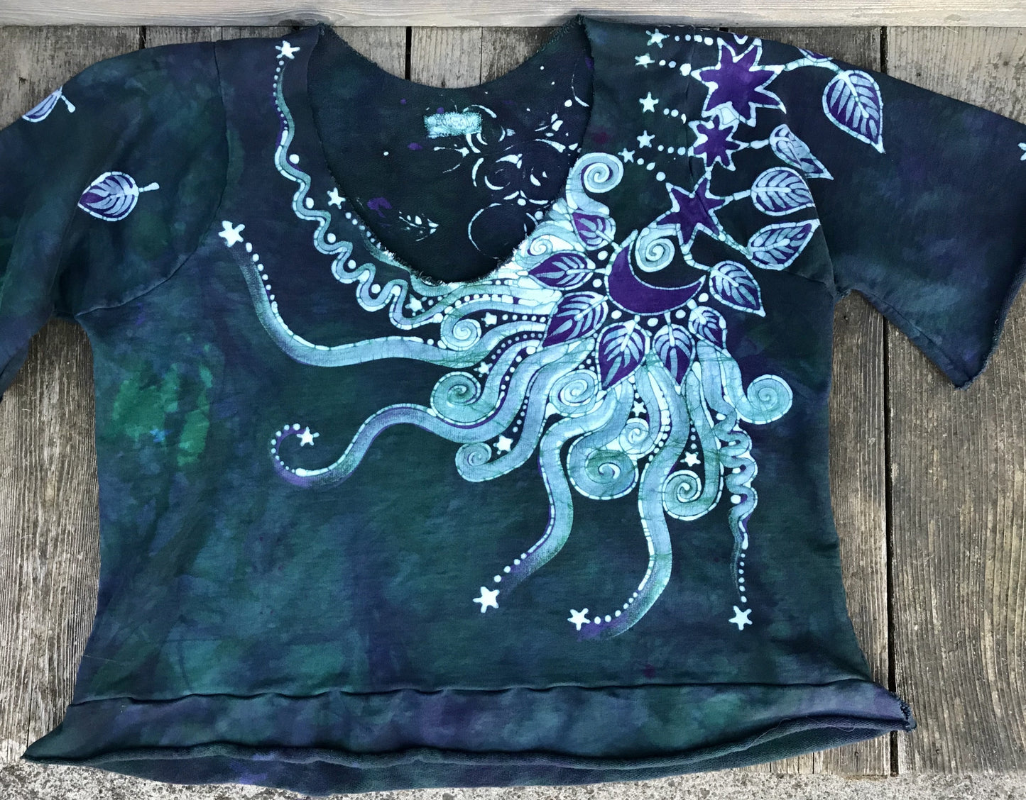 Teal Purple Moon Organic Cotton Handmade Batik Top, Size 2X Plus Batik Dresses Batikwalla 