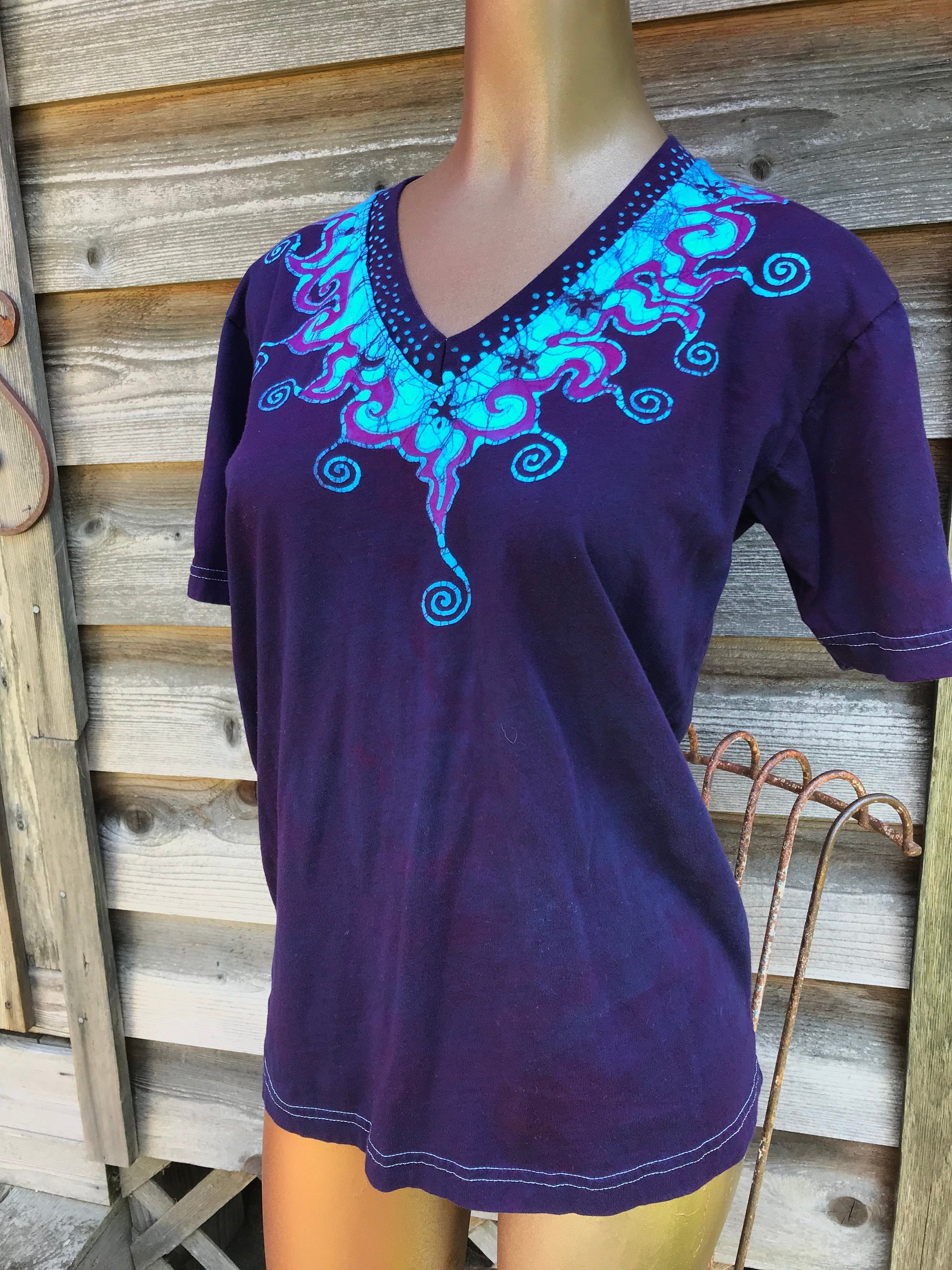 Purple and Turquoise Waves of Moonlight Handmade Batik Vneck Tee Tops batikwalla 