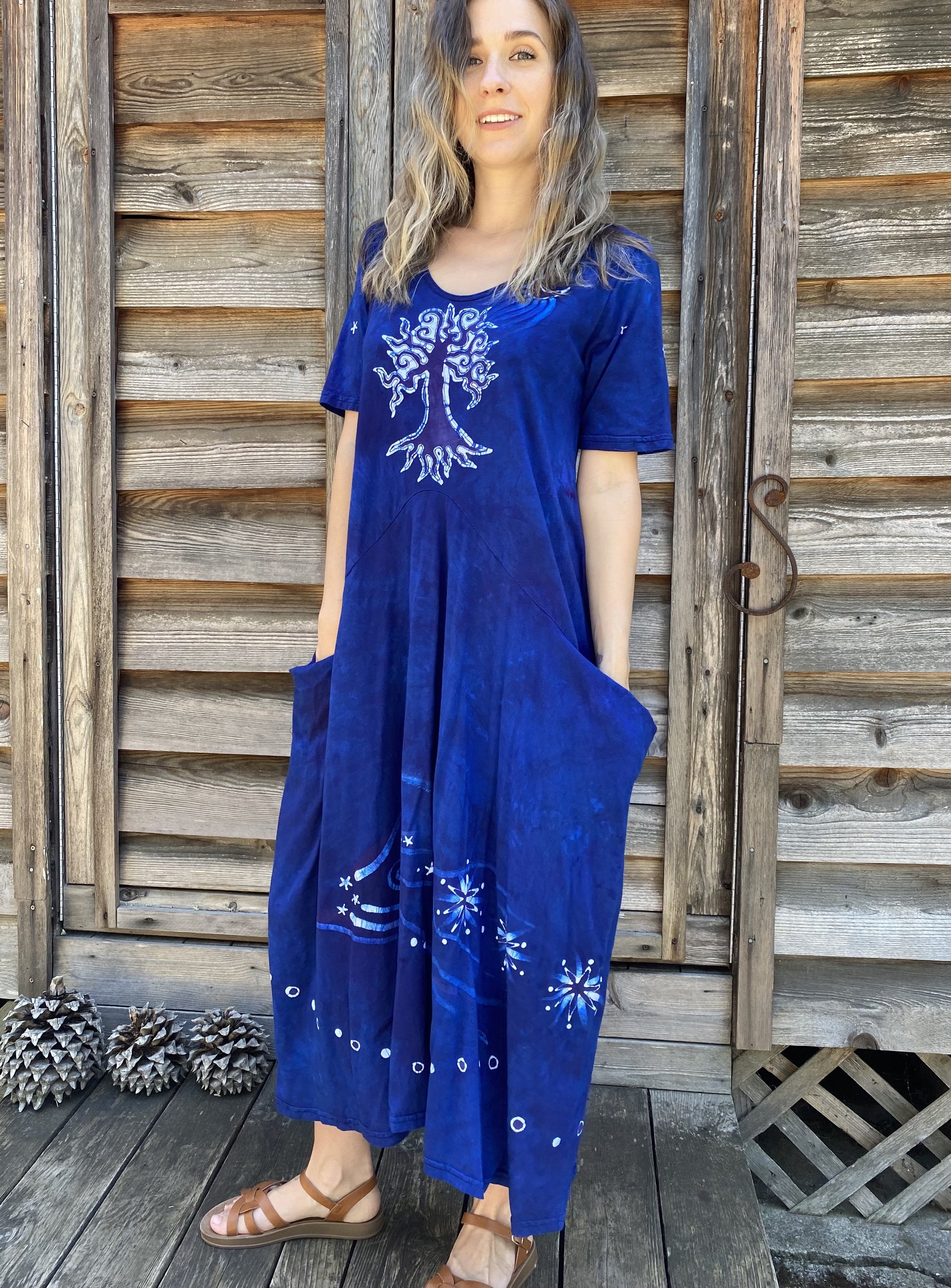 Blue Moon Galaxy - Hand Painted Short Sleeve Batik Dress - With Pockets Batik Dresses Batikwalla Small 