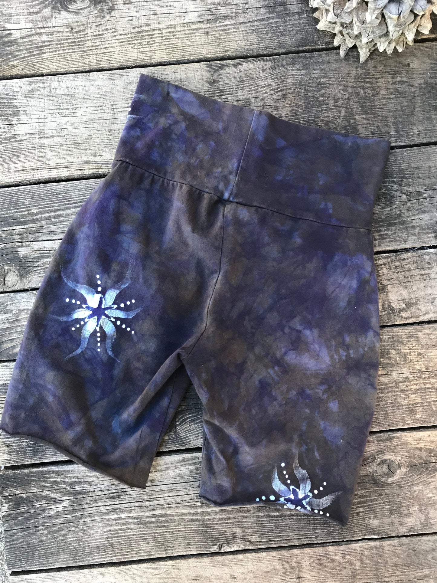 Moon and Stars Batik Biker Shorts - Sage and Purple - Size Medium Batikwalla by Victoria 