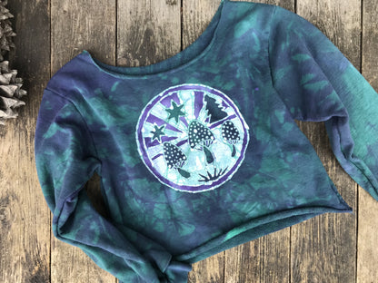 Teal and Purple Mushroom Meadow Batik Crop Sweatshirt Tops Batikwalla by Victoria 