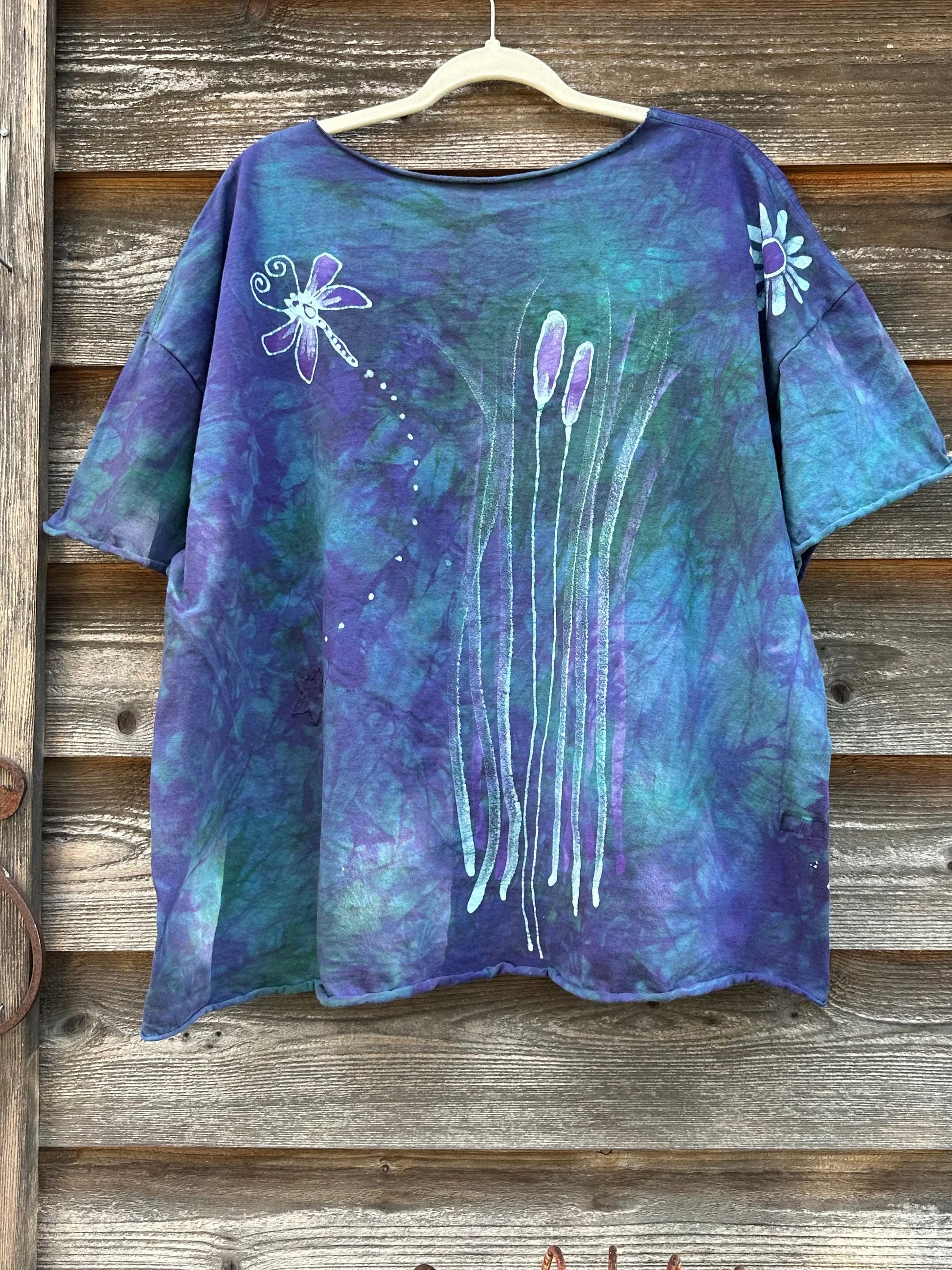 Dragonfly in Teal and Purple Cotton Cropped Crew Tee - Size 2X Shirts & Tops Batikwalla by Victoria 