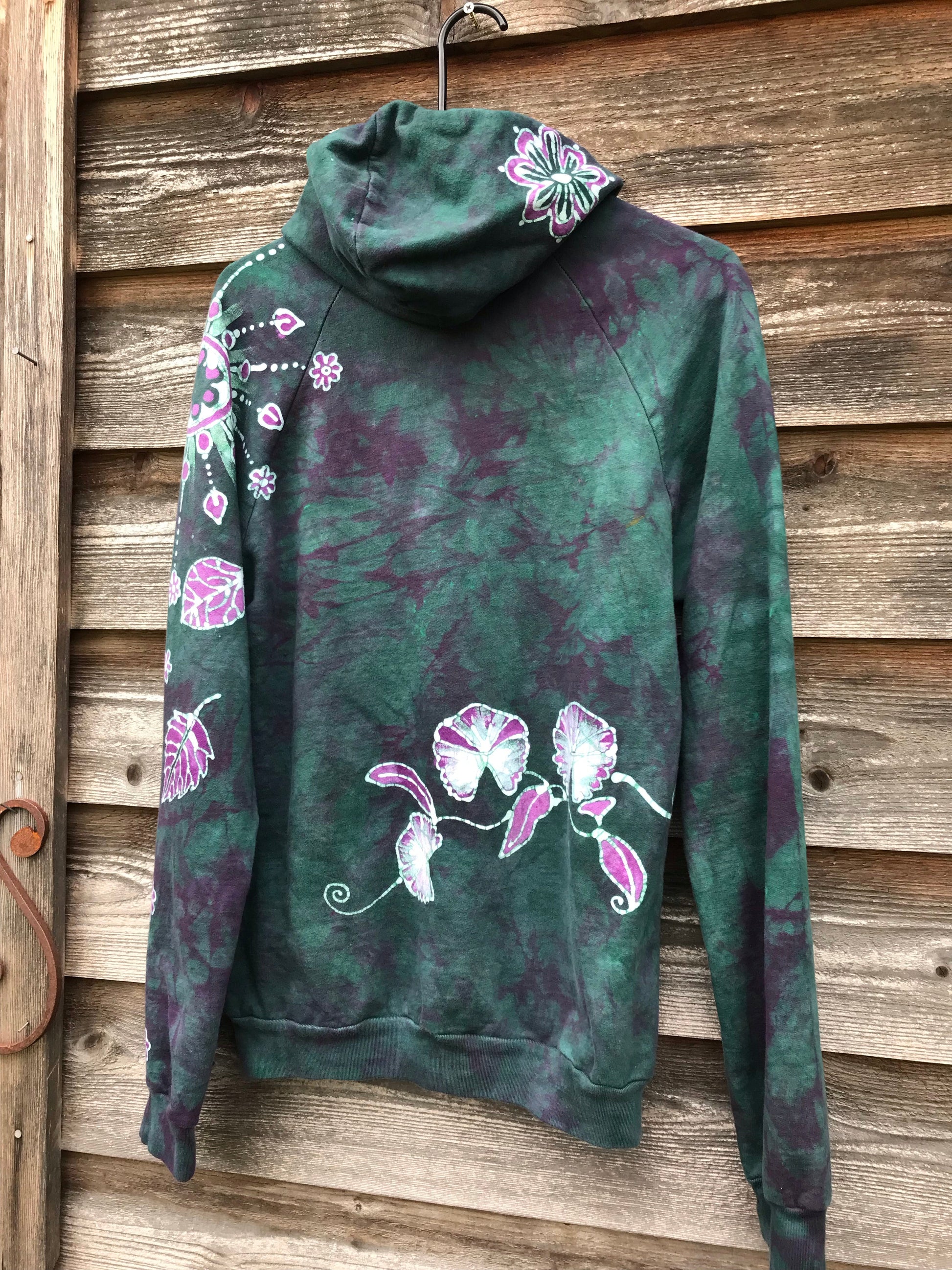 Green Valley Wildflowers Pullover Batik Hoodie in Organic Cotton - Size Medium hoodie batikwalla 