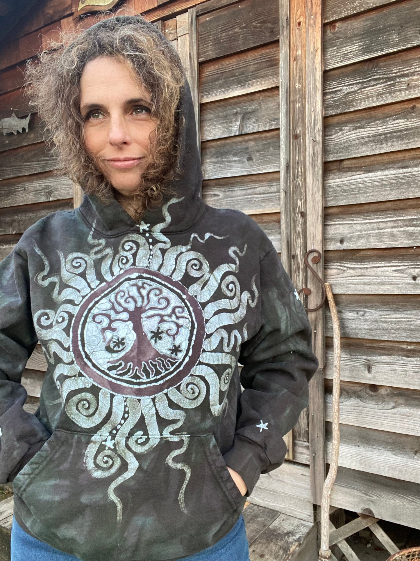 Olive Tree of Life - Handcrafted Batik Pullover Hoodie - Size Small ONLY hoodie batikwalla Small 