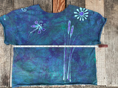 Dragonfly in Teal and Purple Cotton Cropped Crew Tee - Size Large Shirts & Tops Batikwalla by Victoria 