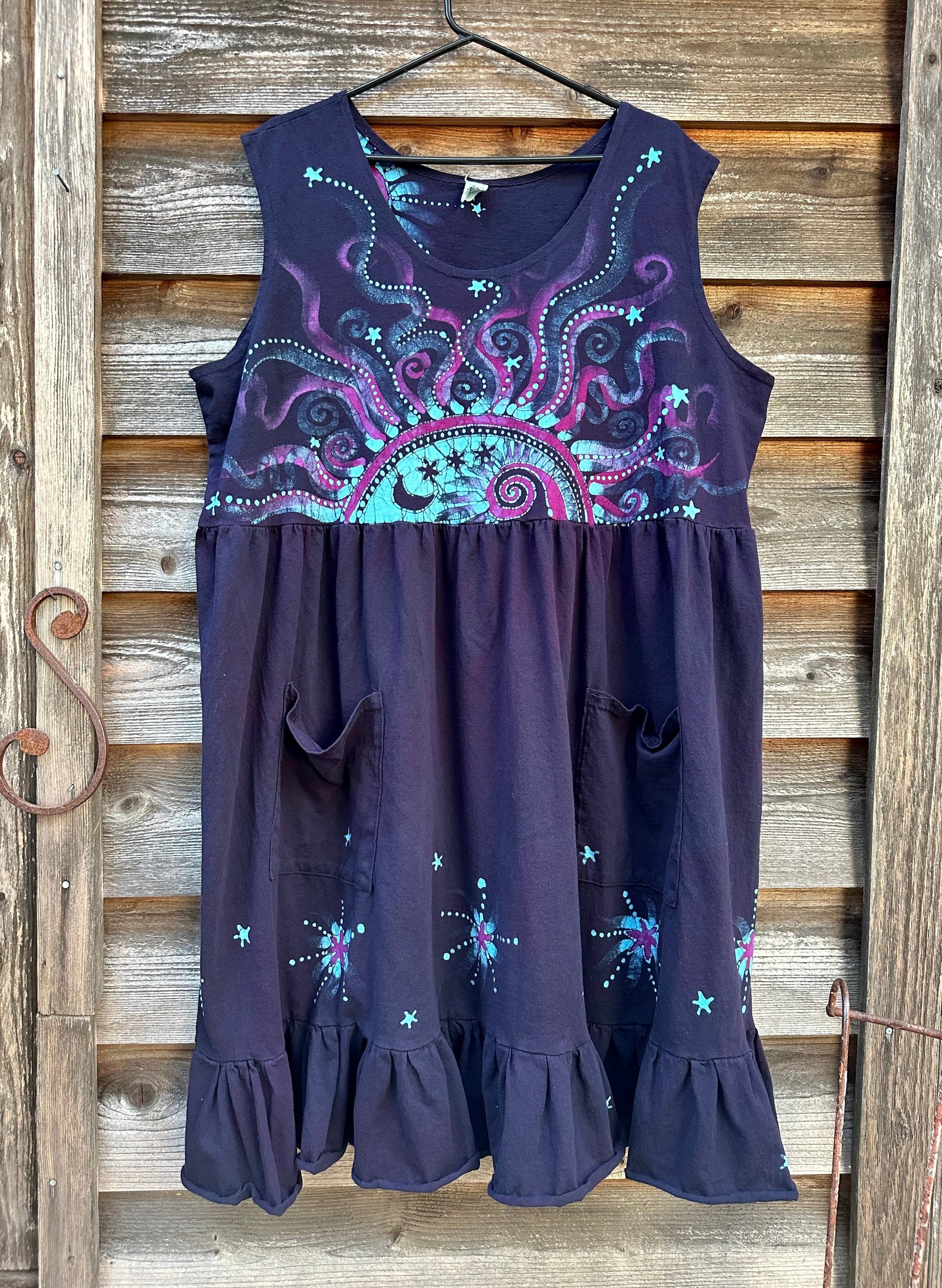 Mystic Moonlight with Turquoise Sunrise - Farmer's Market Pocket Dress - Size 3X Batik Dresses Batikwalla 3X 