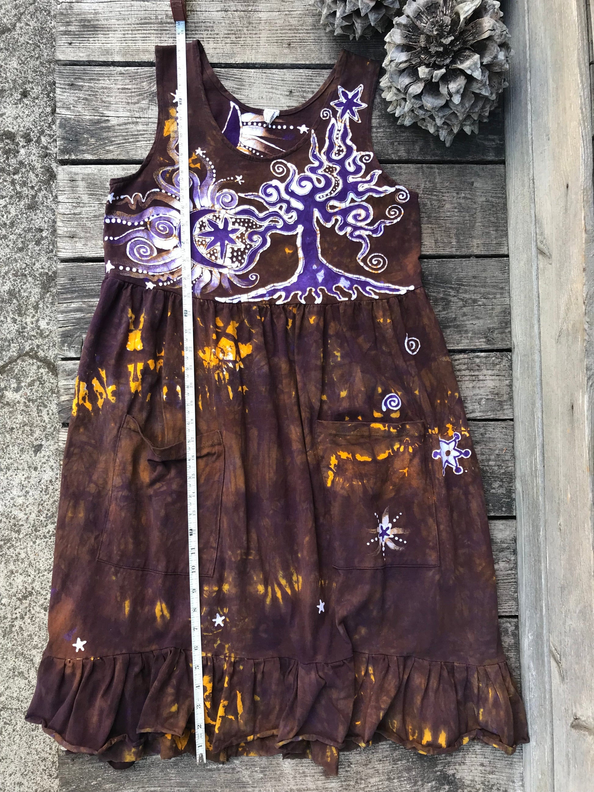 Golden Sun Purple Forest Farmer's Market Pocket Dress - Size Medium Batik Dresses Batikwalla 