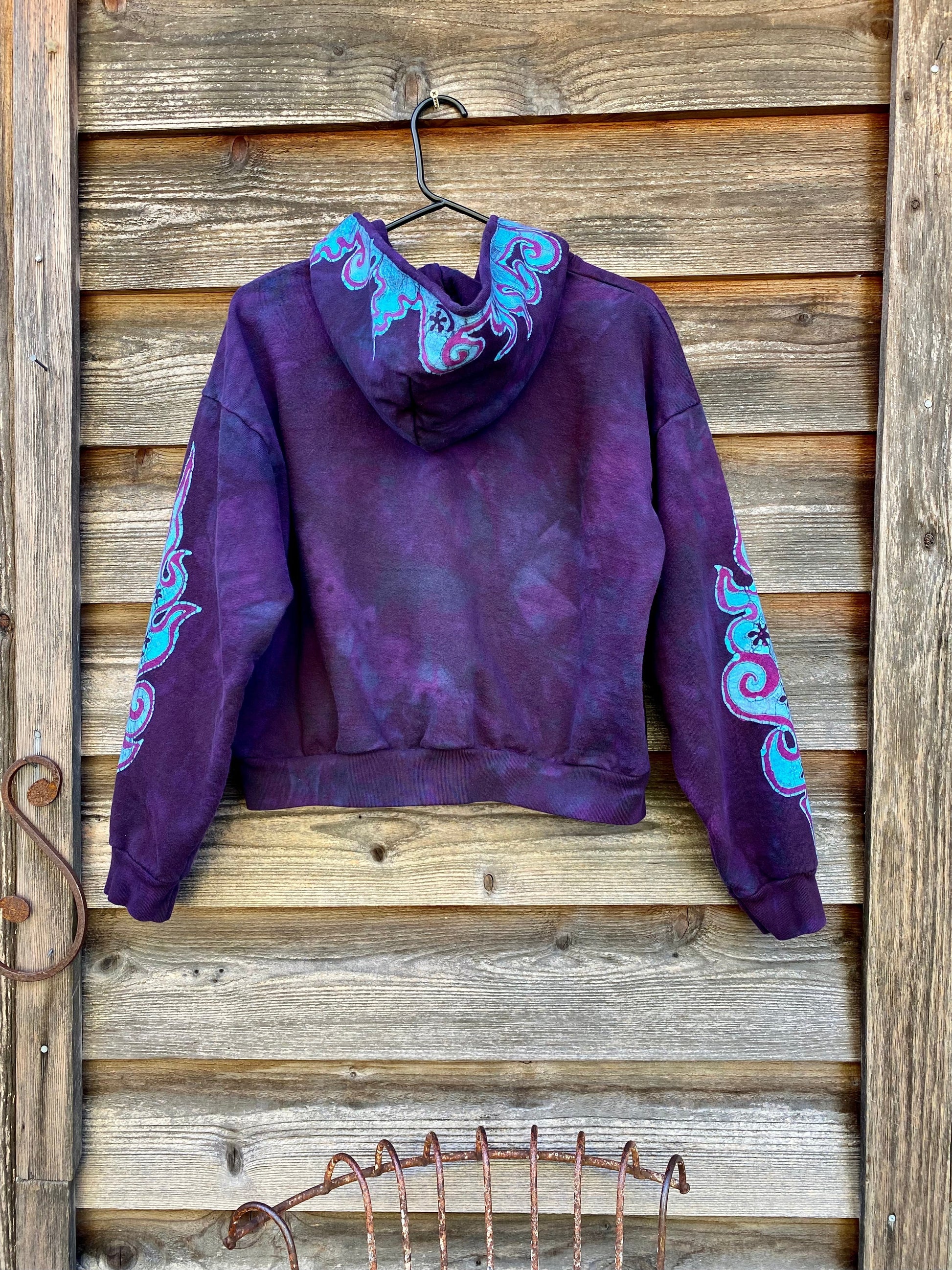 Midnight Purple with Turquoise Flames Handmade Batik Hoodie - Size M/L hoodie batikwalla 