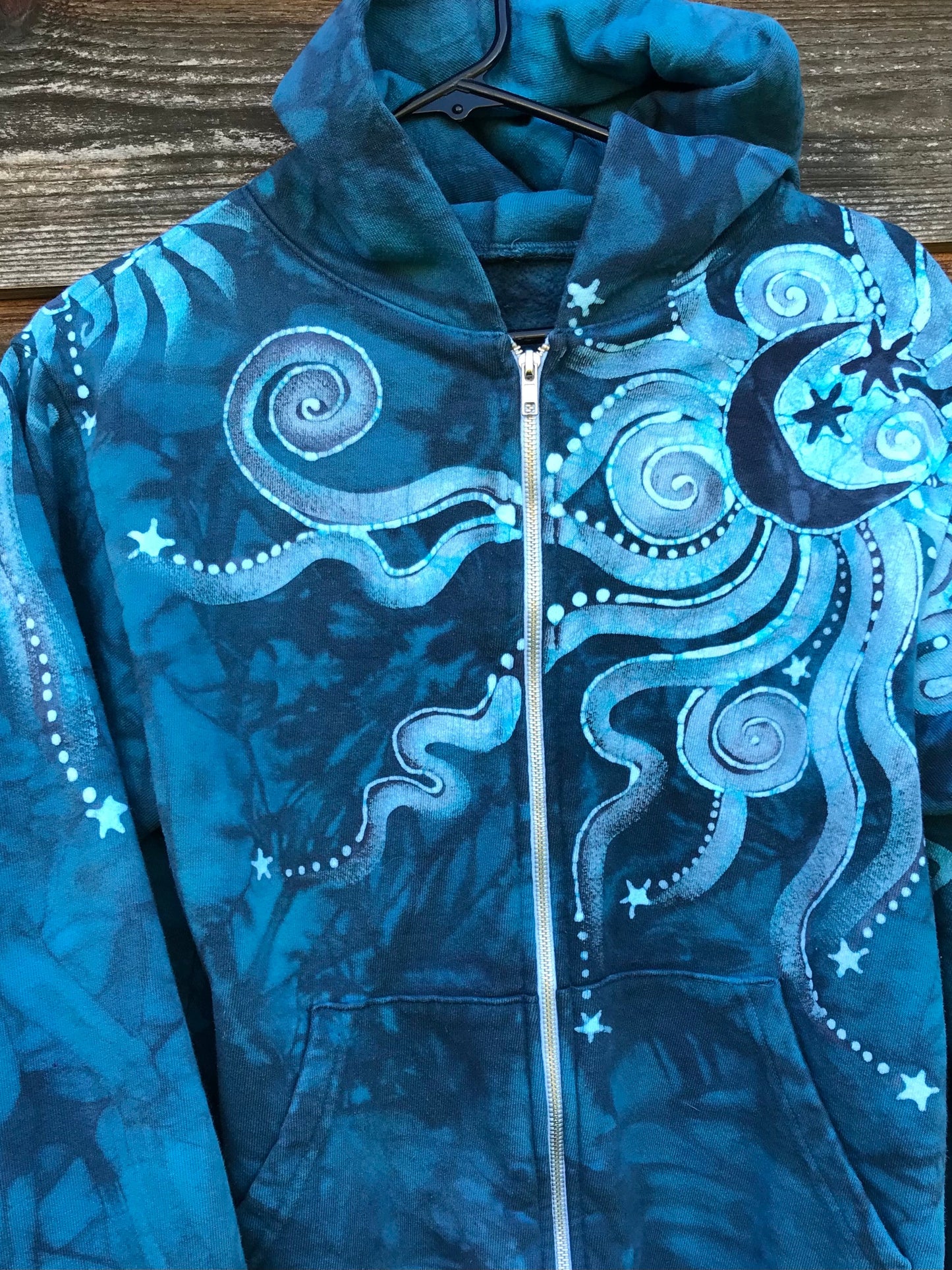 Denim Blue Moon Handcrafted Batik Zipper Hoodie - Size XS hoodie batikwalla 