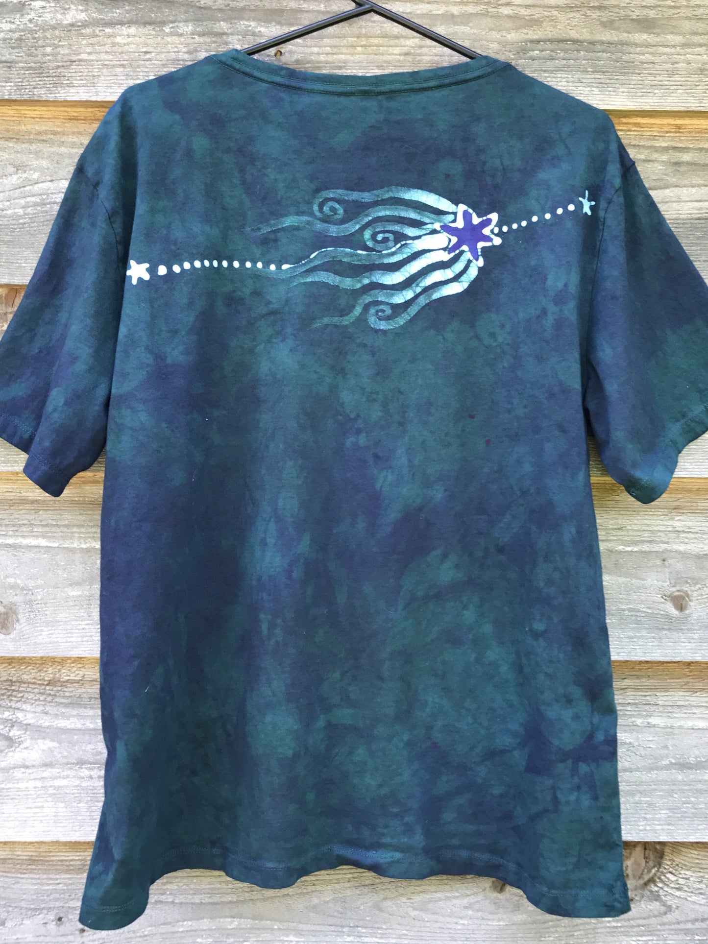 Teal and Purple Moonbeams Handmade Batik Scoop Neck Tshirt - Size Large