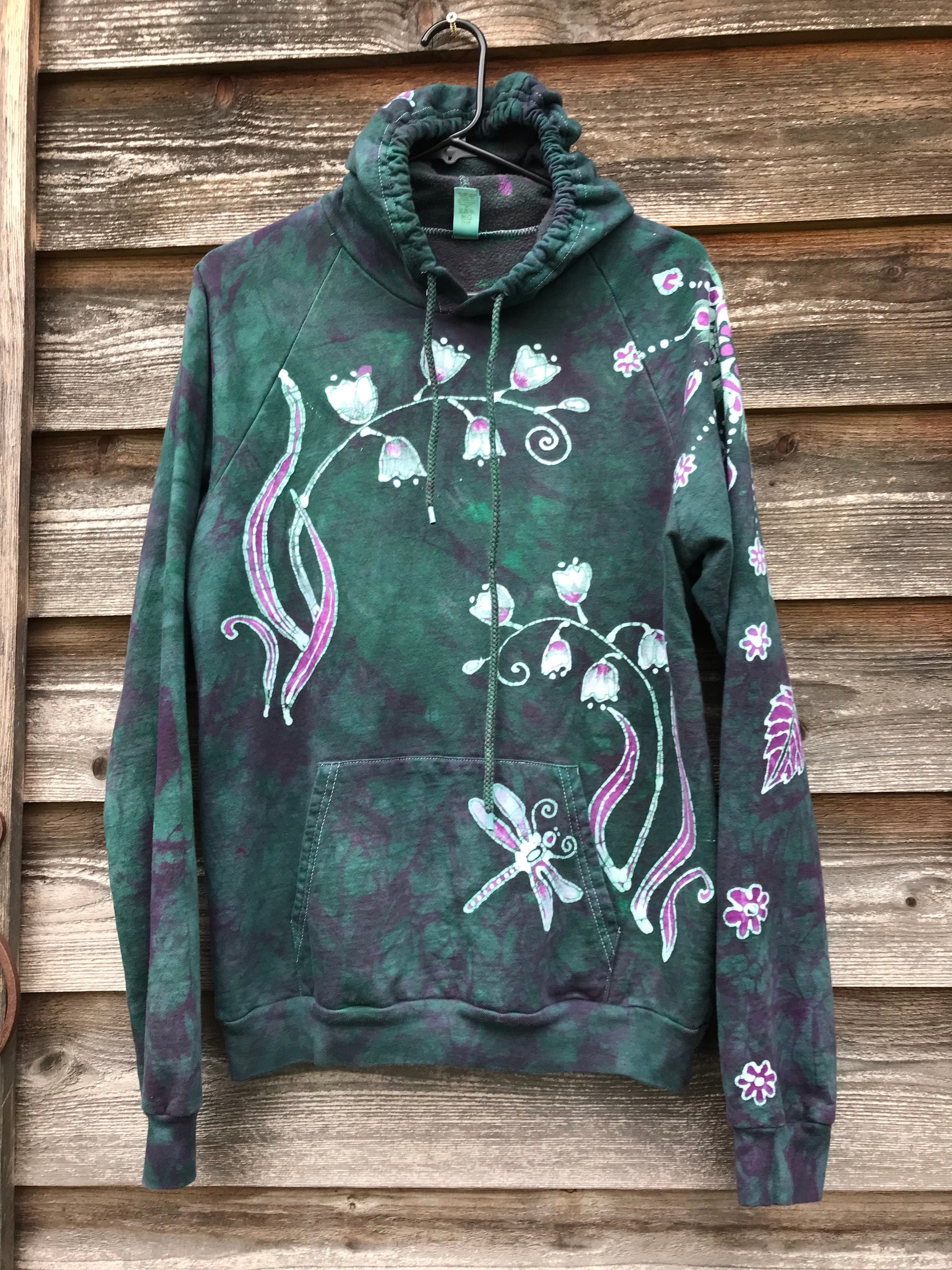 Green Valley Wildflowers Pullover Batik Hoodie in Organic Cotton - Size Medium hoodie batikwalla 