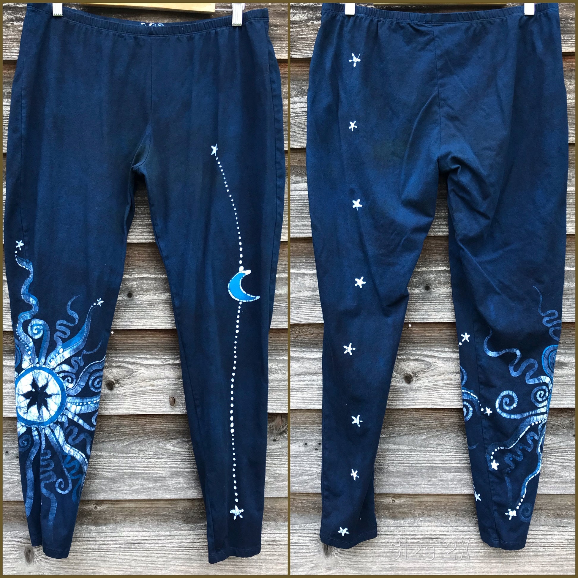 Navy Blue Moon and Stars Batik Leggings leggings batikwalla 2X 