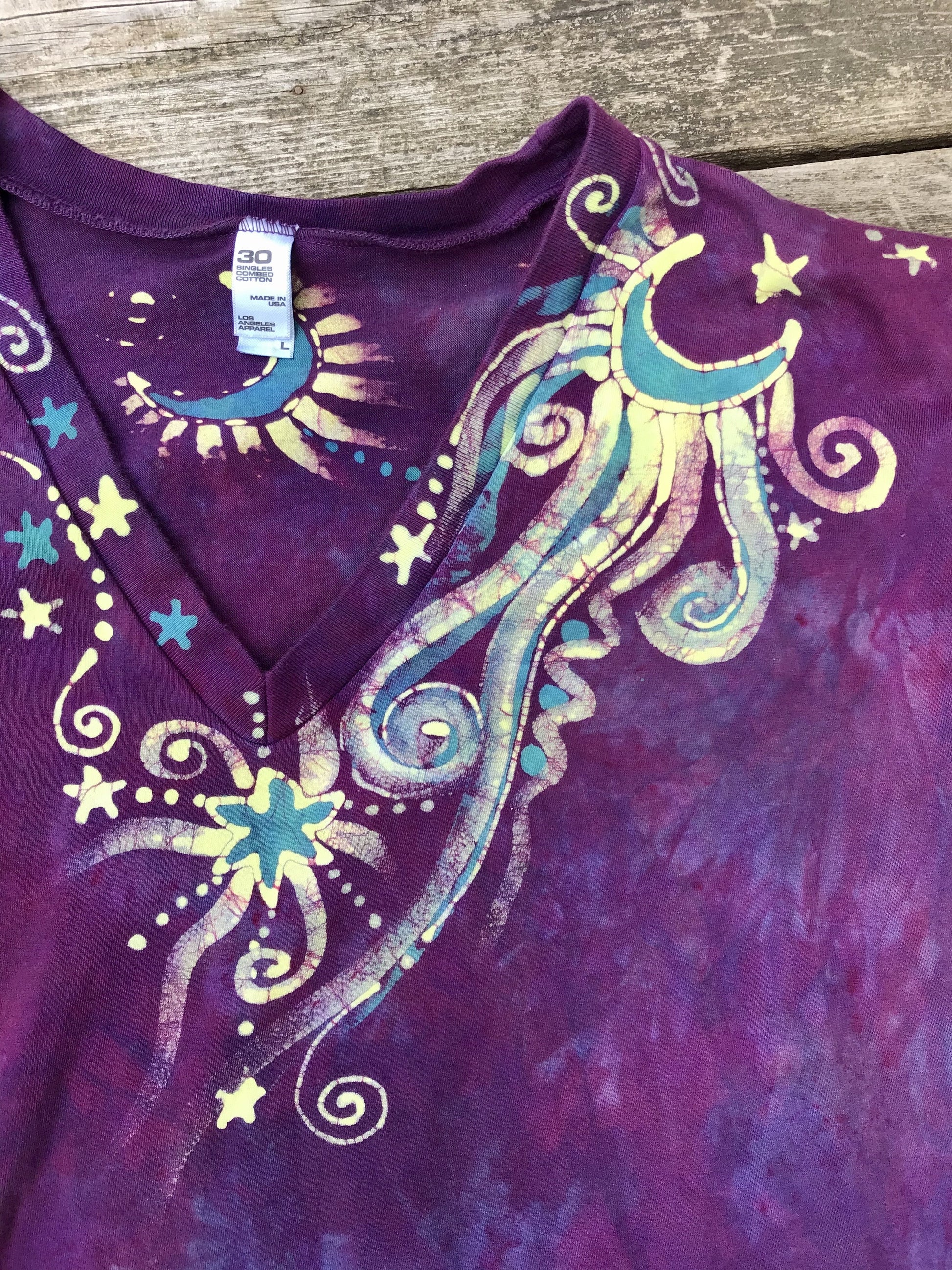 Centered In Light - HandCrafted Moons & Stars Vneck Tee Batikwalla by Victoria 