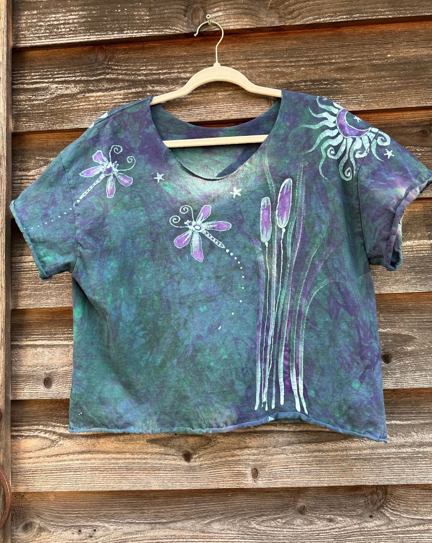 Dragonfly in Teal and Purple Cotton Cropped Crew Tee - Size Large Shirts & Tops Batikwalla by Victoria 