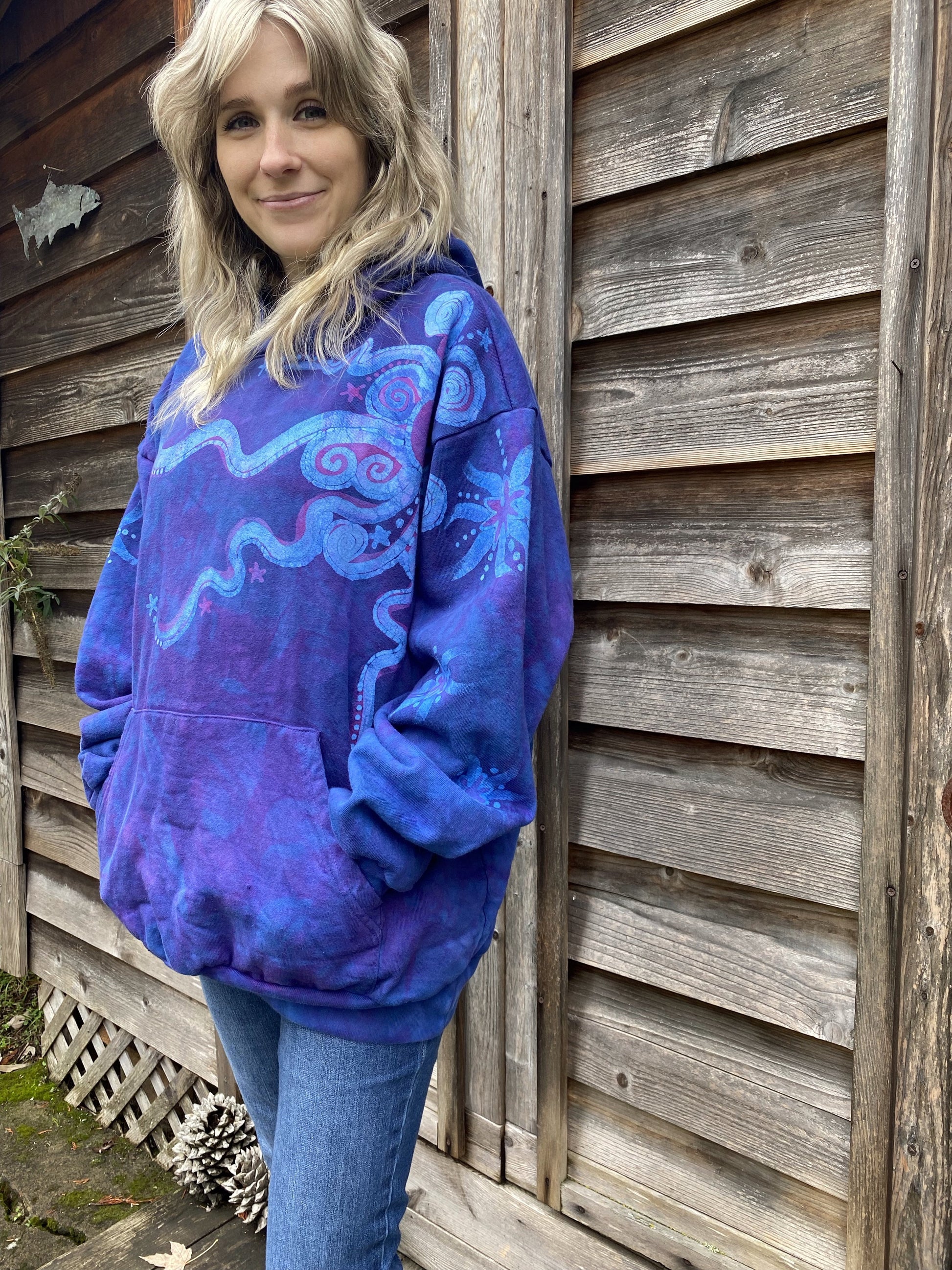 Made for Diane MEMBERSHIP EXCLUSIVE Blue Moonlight Cascade - Handcrafted Batik Pullover Hoodie Size XL hoodie batikwalla 