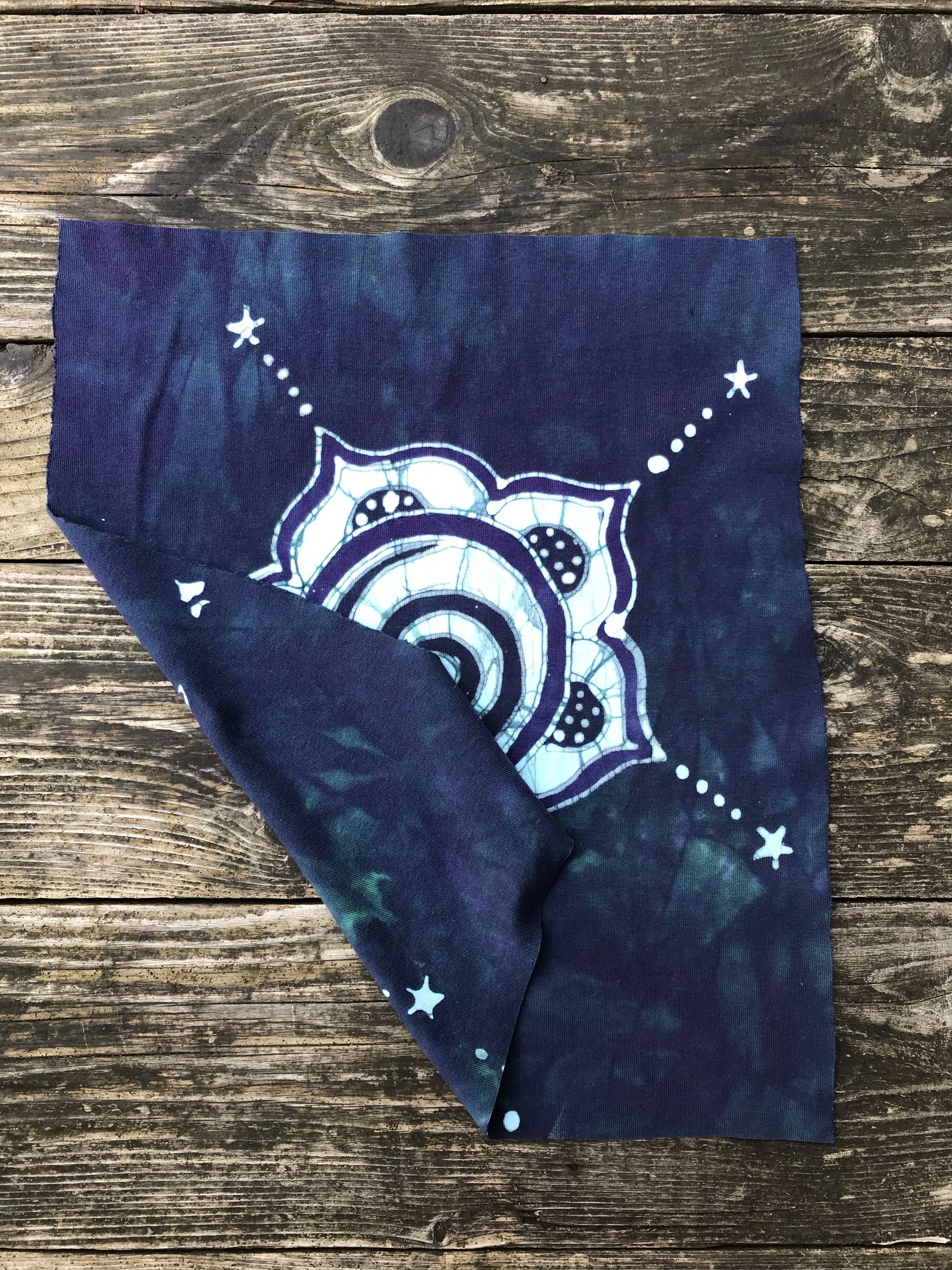 Hand Painted Batik Fabric Square - Swirling Star Flower in Teal and Purple Batikwalla by Victoria 