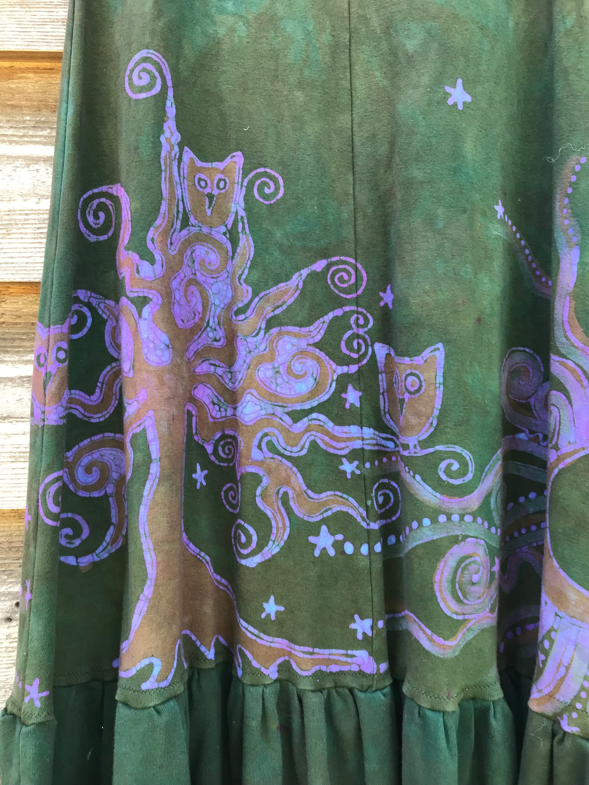 Forest Owl Flounce Hem With Pink and Purple Details Organic Cotton Batik Dress - Imperfection Batik Dresses batikwalla 