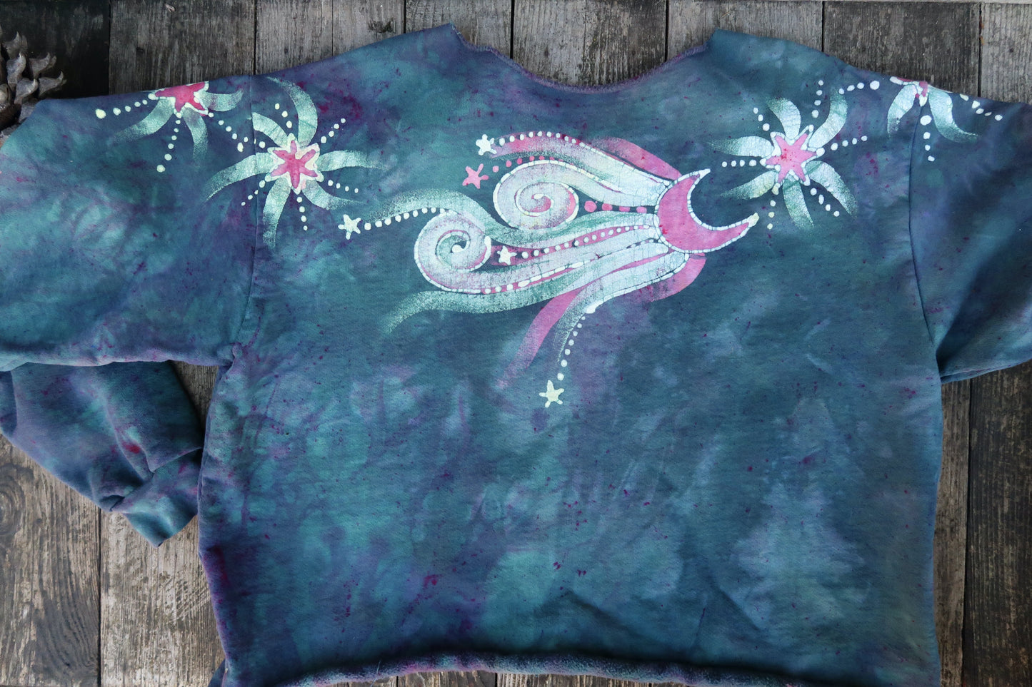 Teal Pink and Stars Batik Crop Sweatshirt Tops Batikwalla by Victoria 