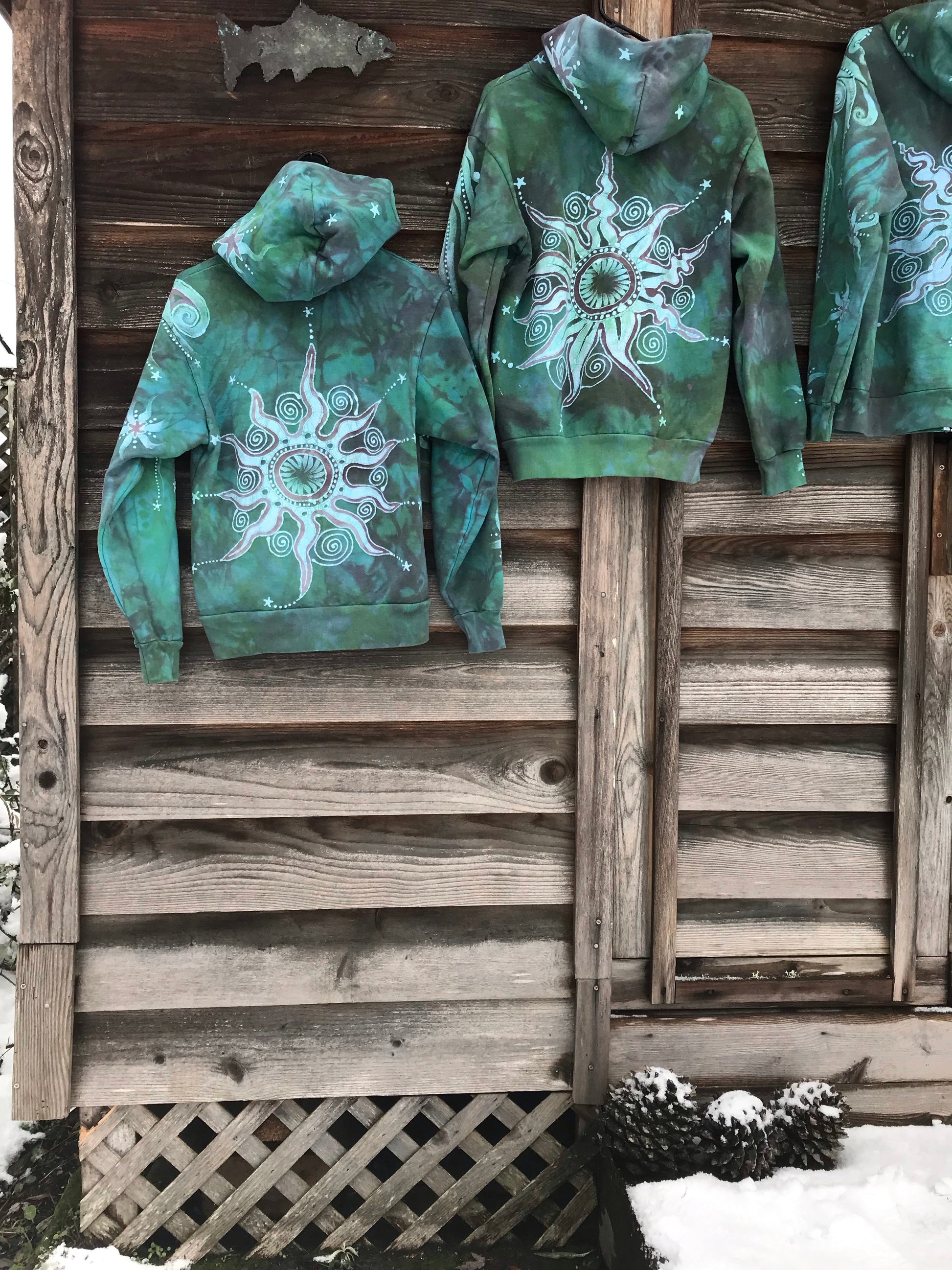 Mushroom and Moss Green Moon Handcrafted Batik Zipper Hoodie - Size Small hoodie batikwalla 