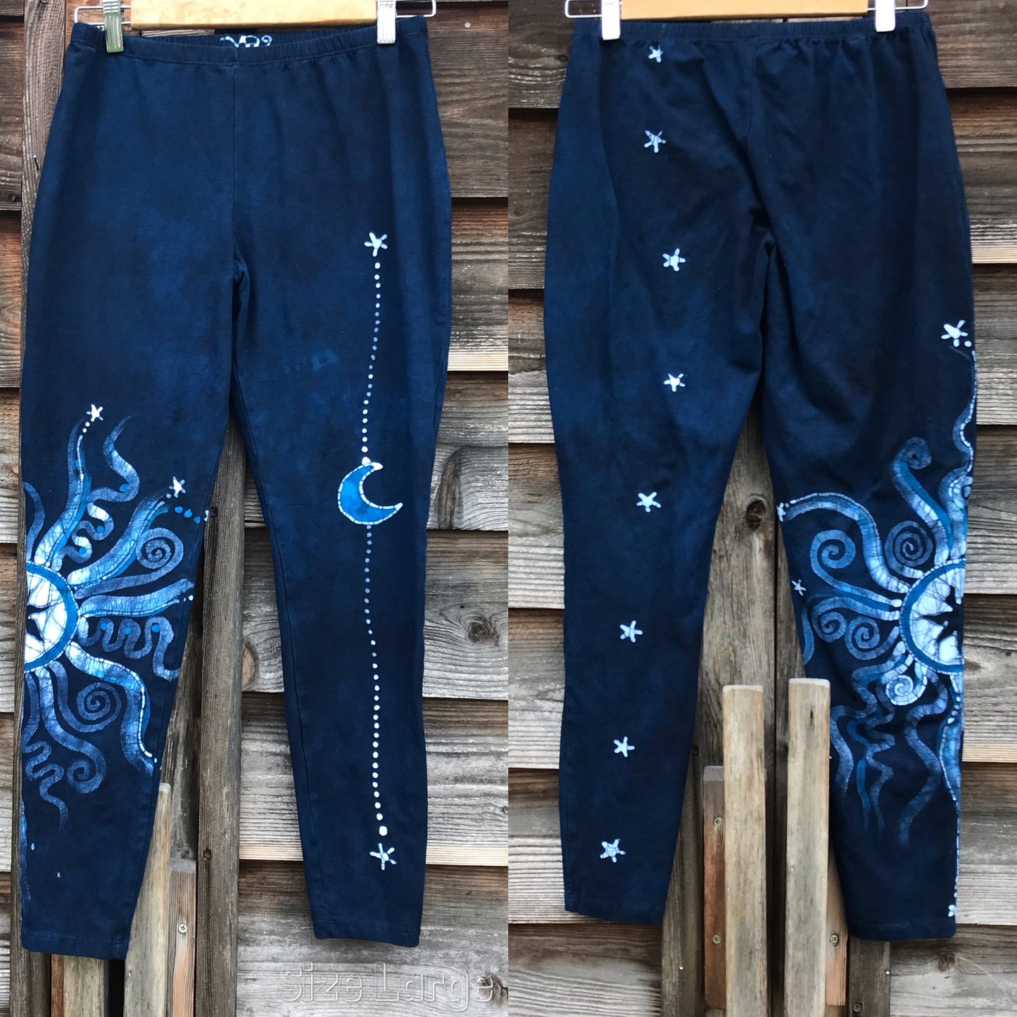 Navy Blue Moon and Stars Batik Leggings leggings batikwalla Large 