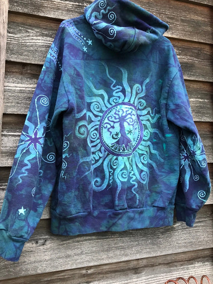 Teal and Purple Tree of Life Handcrafted Batik Zipper Hoodie - Size Medium hoodie batikwalla 