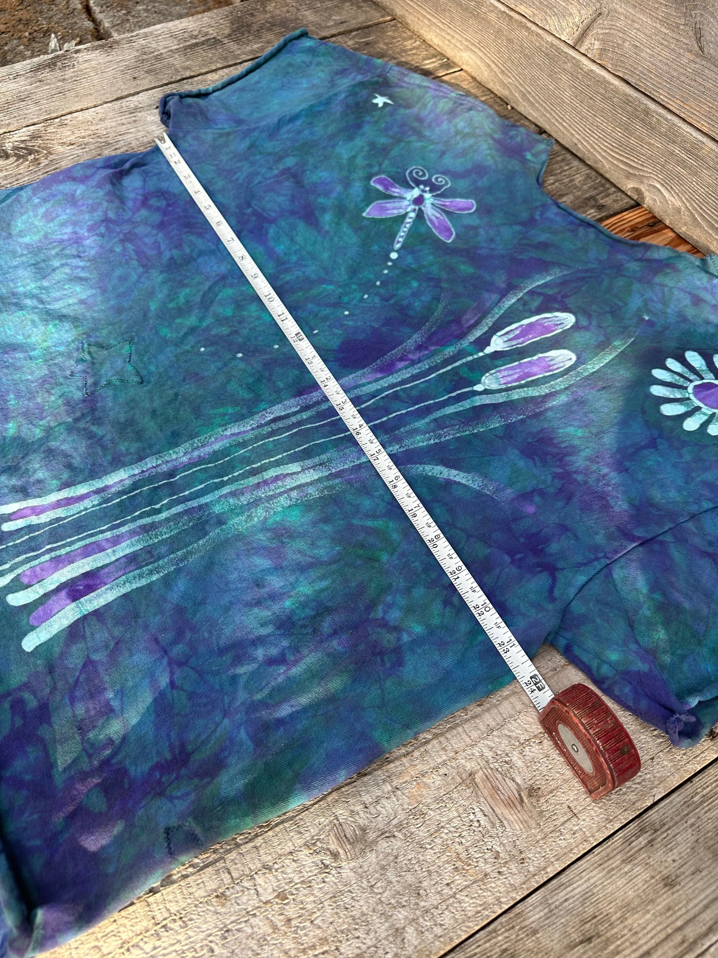 Dragonfly in Teal and Purple Cotton Cropped Crew Tee - Size XL Shirts & Tops Batikwalla by Victoria 